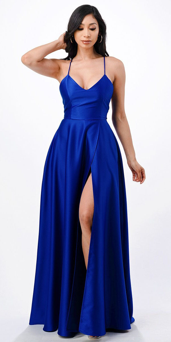 CLEARANCE - La Scala 25895 Open Side Back Spaghetti Tie Stretch Satin Gown (Size XL) by DiscountDressShop
