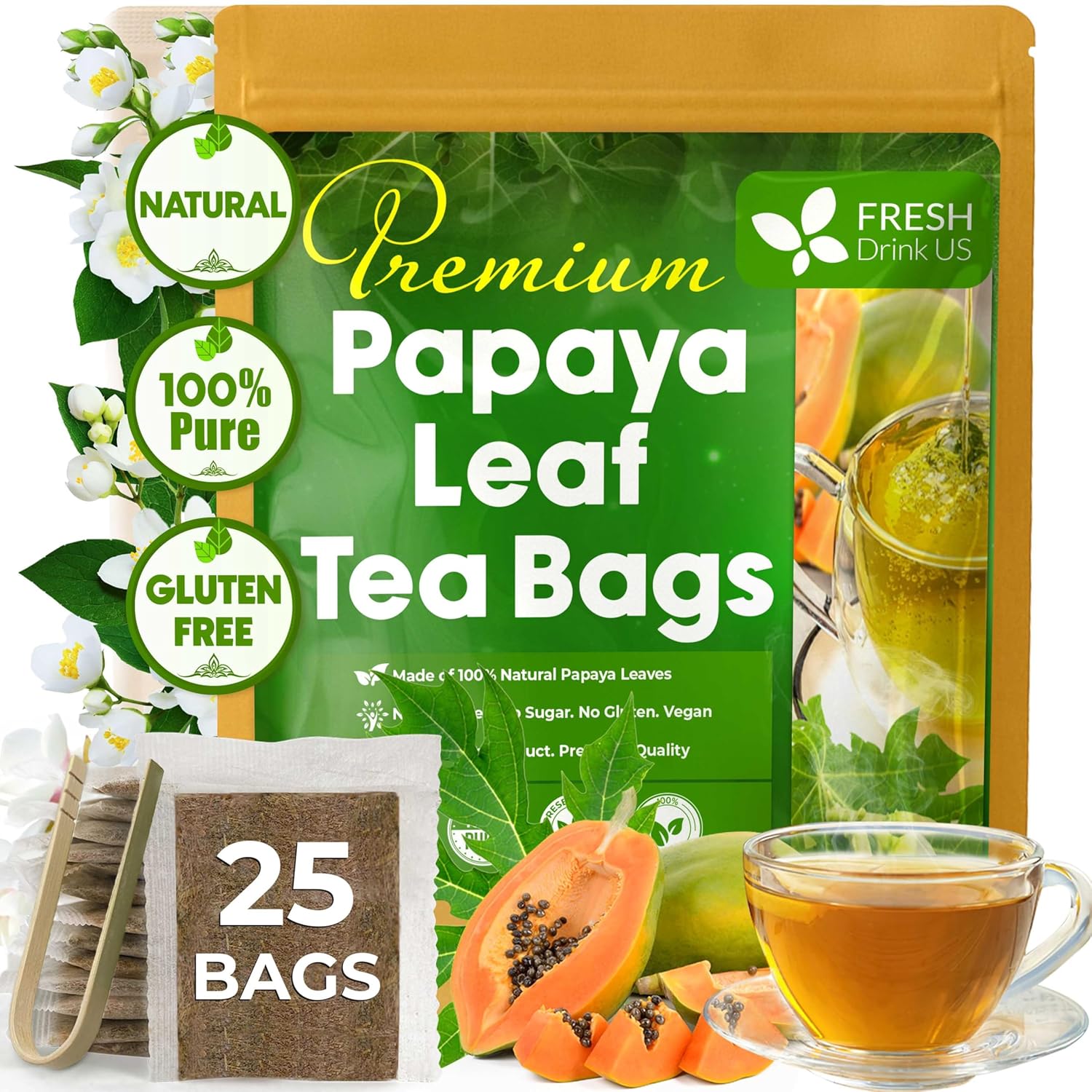 Premium Papaya Leaf Tea Bags, Made with Natural Material Tea Bags. No Sugar, No Caffeine, No Gluten, Vegan. by FreshDrinkUS - Natural and Premium Herbal Tea