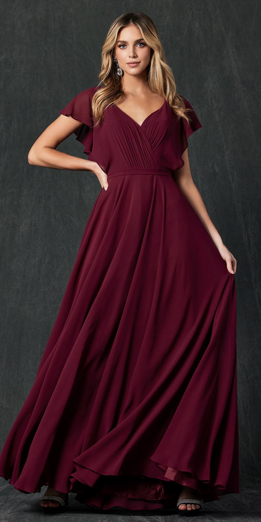 Juliet 261 Flutter Sleeve Formal Dress Cascade Back by DiscountDressShop