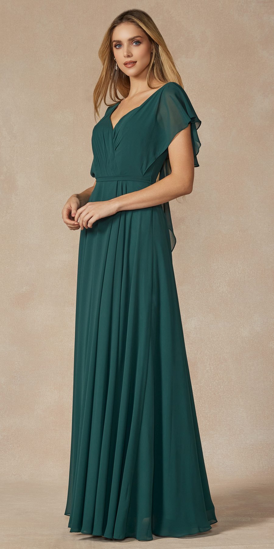 Juliet 261 Flutter Sleeve Formal Dress Cascade Back by DiscountDressShop