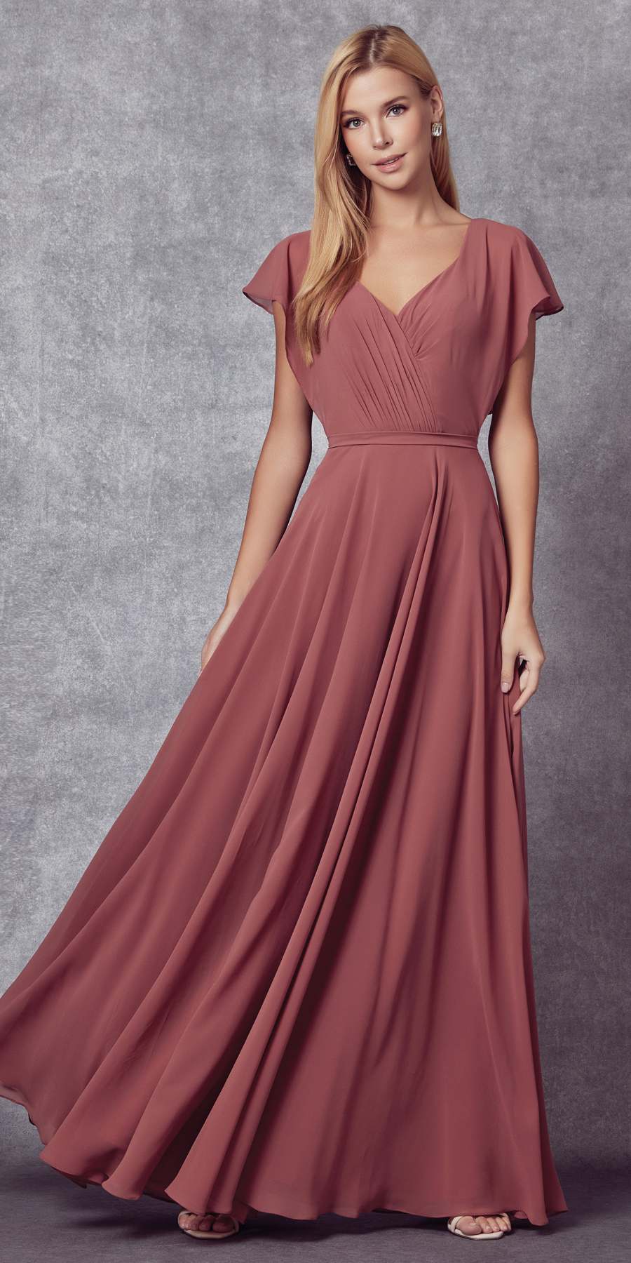 Juliet 261 Flutter Sleeve Formal Dress Cascade Back by DiscountDressShop