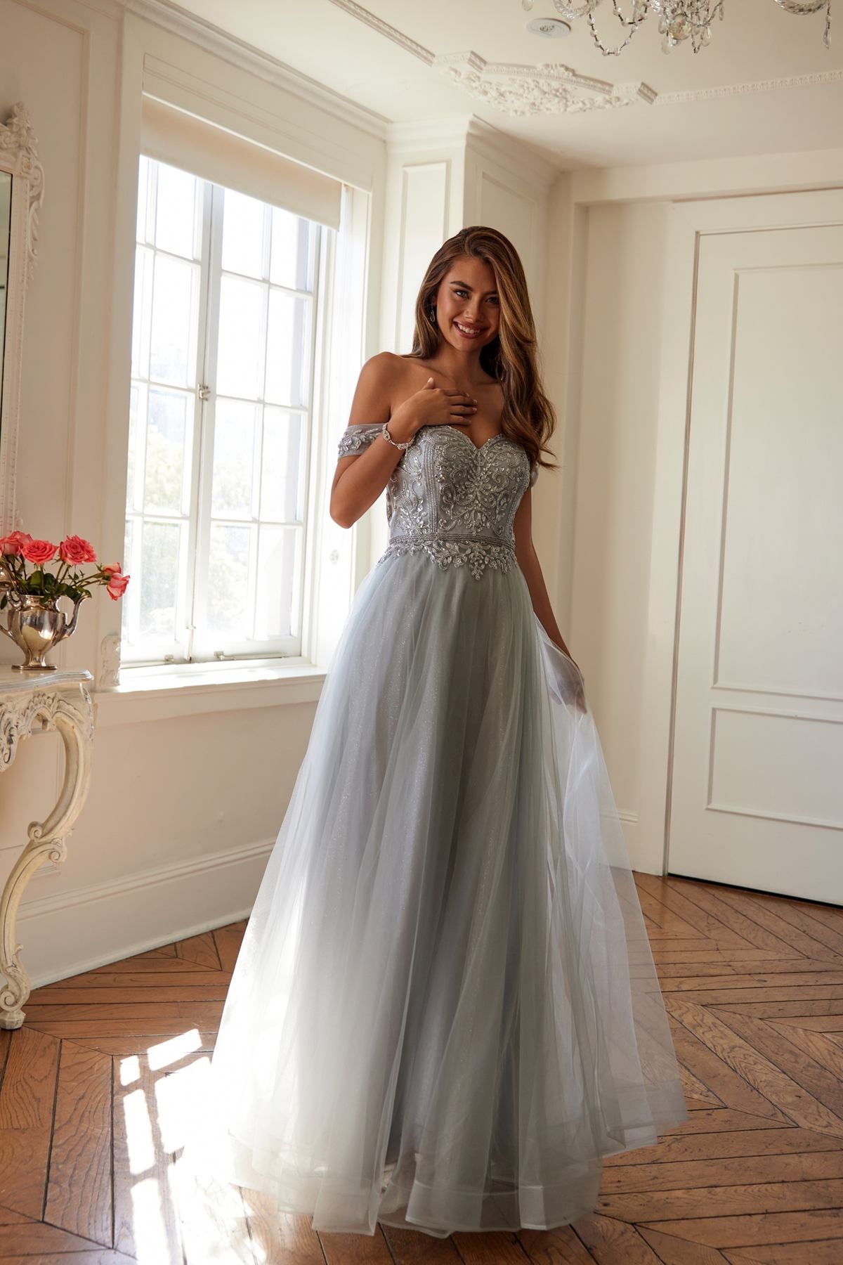 Juliet 287 Long Off the Shoulder Beaded Top A-Line Prom Dress by DiscountDressShop