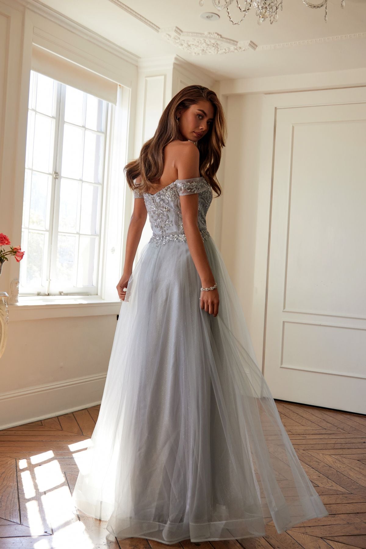 Juliet 287 Long Off the Shoulder Beaded Top A-Line Prom Dress by DiscountDressShop