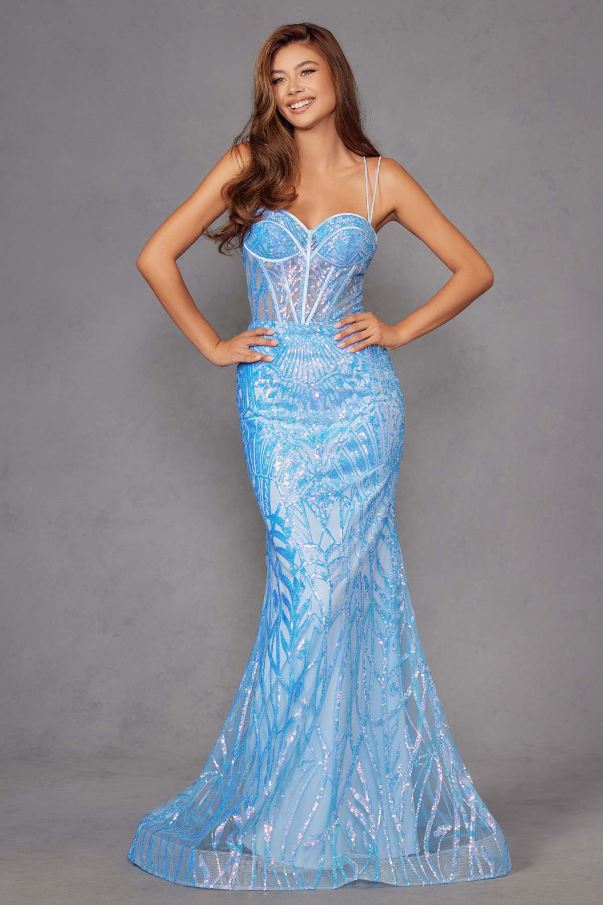 Juliet JT2886C Strapless Sweetheart Corset Sequin Fitted Gown by DiscountDressShop