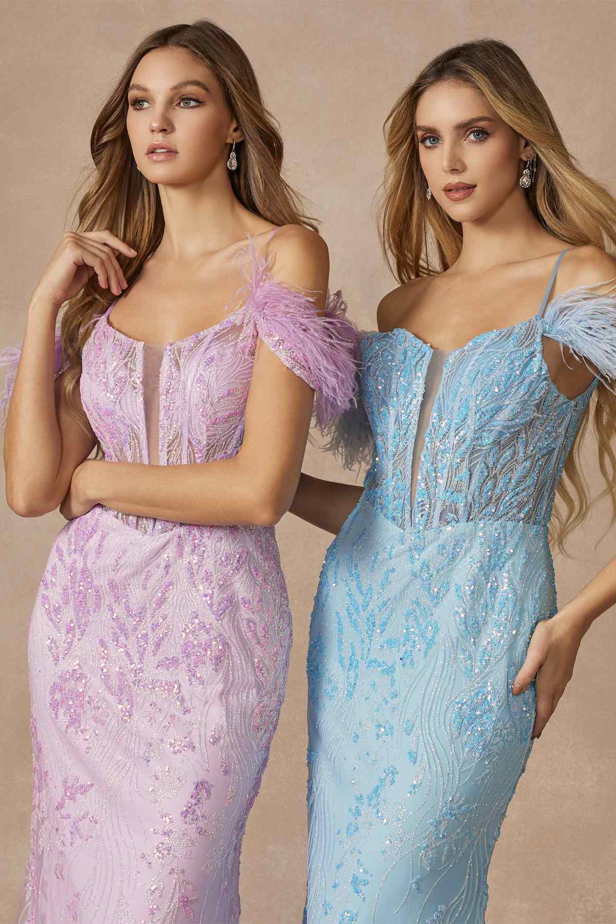 Juliet 288 Long Off the Shoulder Feather Strap Fitted Glitter Print Gown by DiscountDressShop