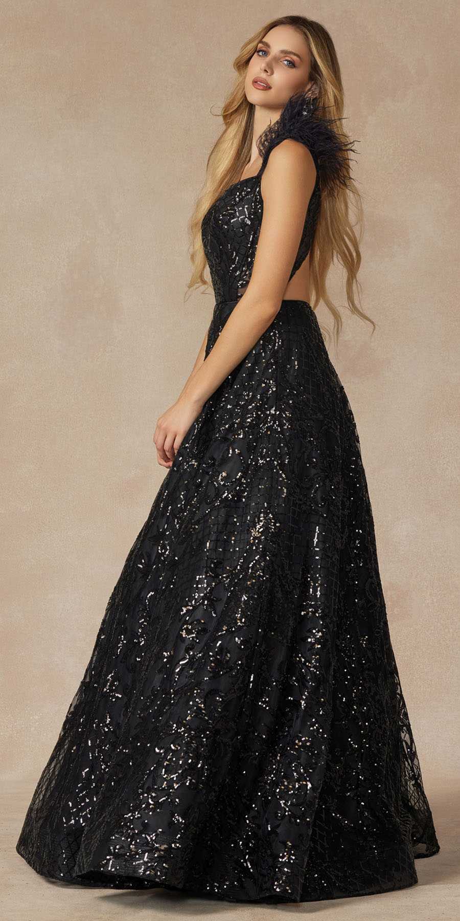 Juliet 297 Floor Length Feathered Cap Sleeve Patterned Sequin A-Line Gown by DiscountDressShop