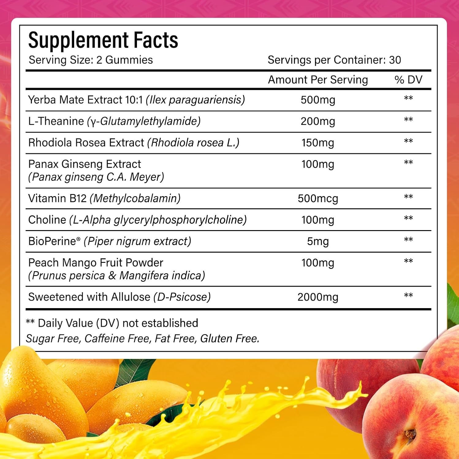 Yerba Mate Gummies – Super Focus & Energy Support – Formulated with Yerba Mate Extract, L-Theanine, Rhodiola, Ginseng, Choline, B12 – Peach Mango Flavor by FreshDrinkUS - Natural and Premium Herbal Tea