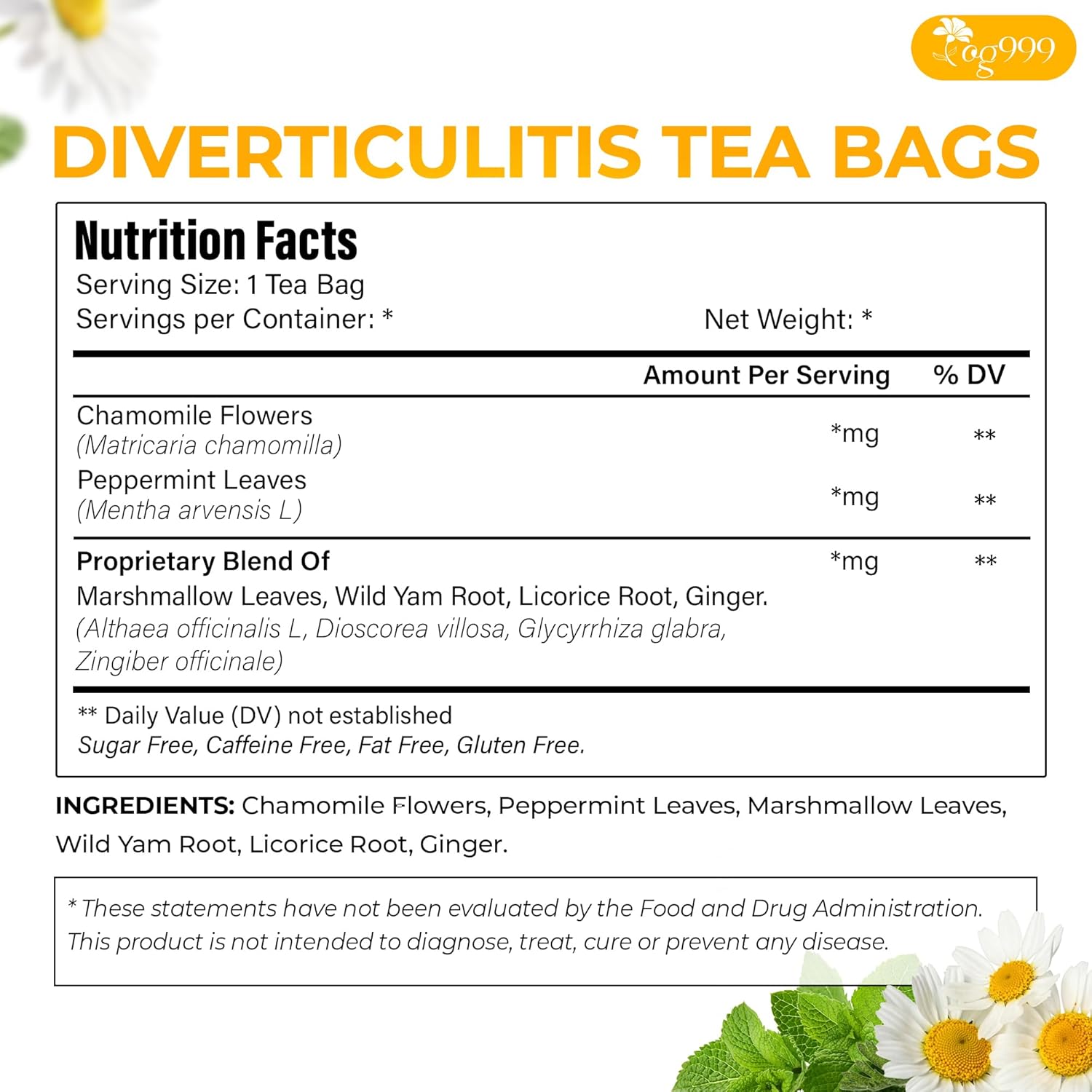 Premium Diverticulitis Tea Bags | 100% Natural Chamomile, Peppermint, Marshmallow Leaf, Wild Yam Root, Licorice & Ginger Herbal Blend by FreshDrinkUS - Natural and Premium Herbal Tea