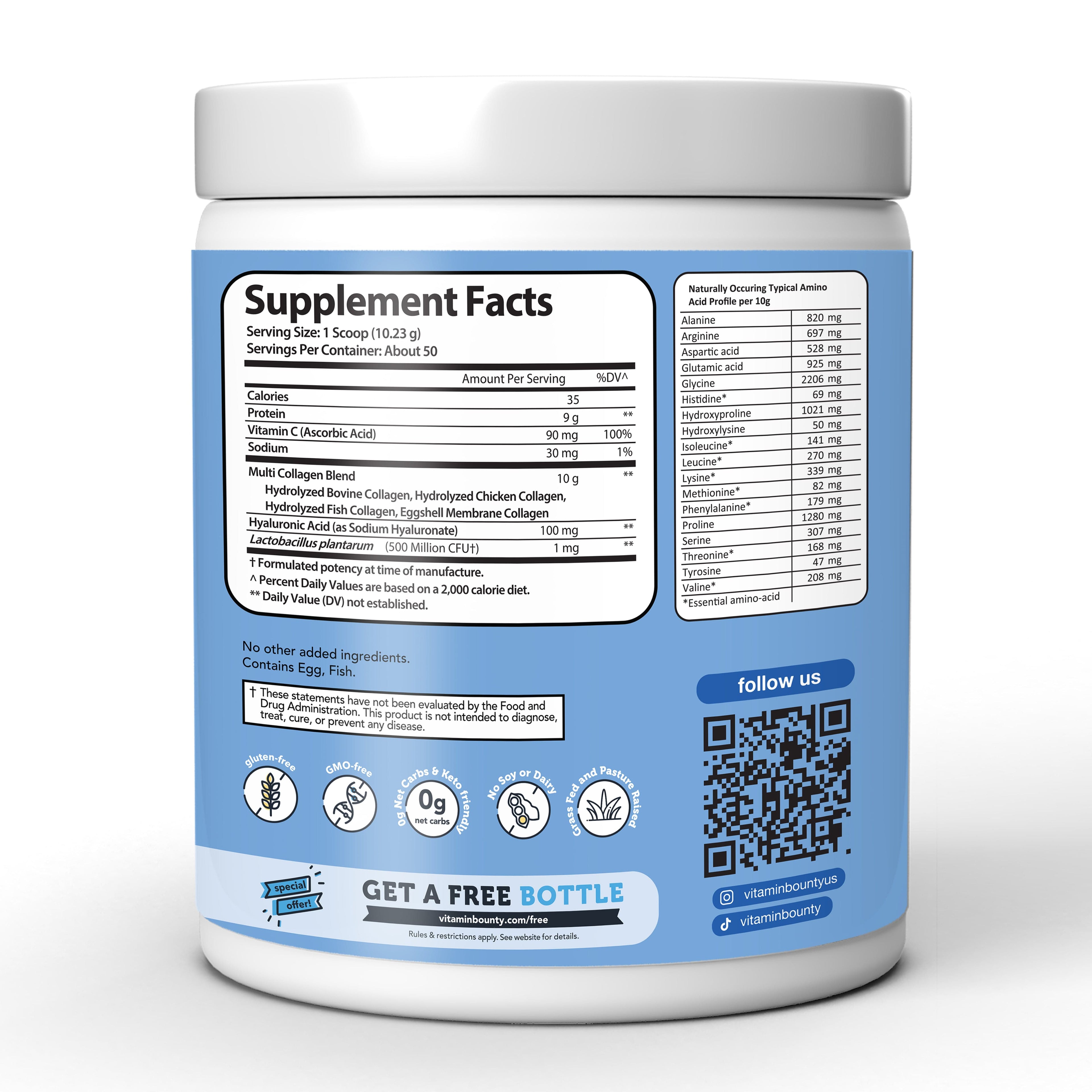 Colágeno Hidrolizado 5 en 1 con Ácido Hialurónico, Vitamina C y Probióticos by Vitamin Bounty