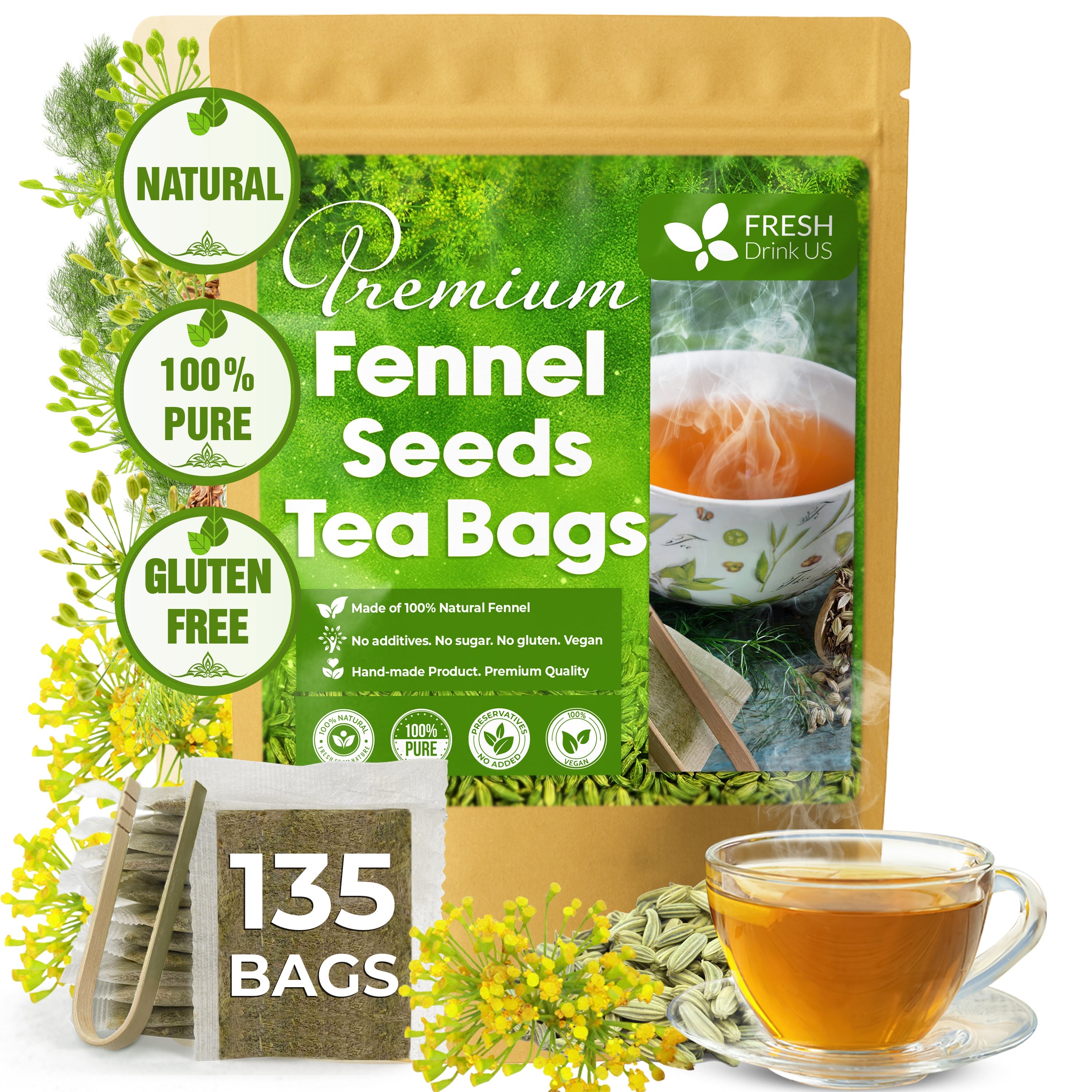 Premium Fennel Tea Bags, 100% Natural & Pure from Fennel Seeds. Fennel Seed Herbal Tea. Fennel Seed Tea. Made with Natural Material Tea Bags. No Sugar, No Caffeine, No Gluten, Vegan. by FreshDrinkUS - Natural and Premium Herbal Tea