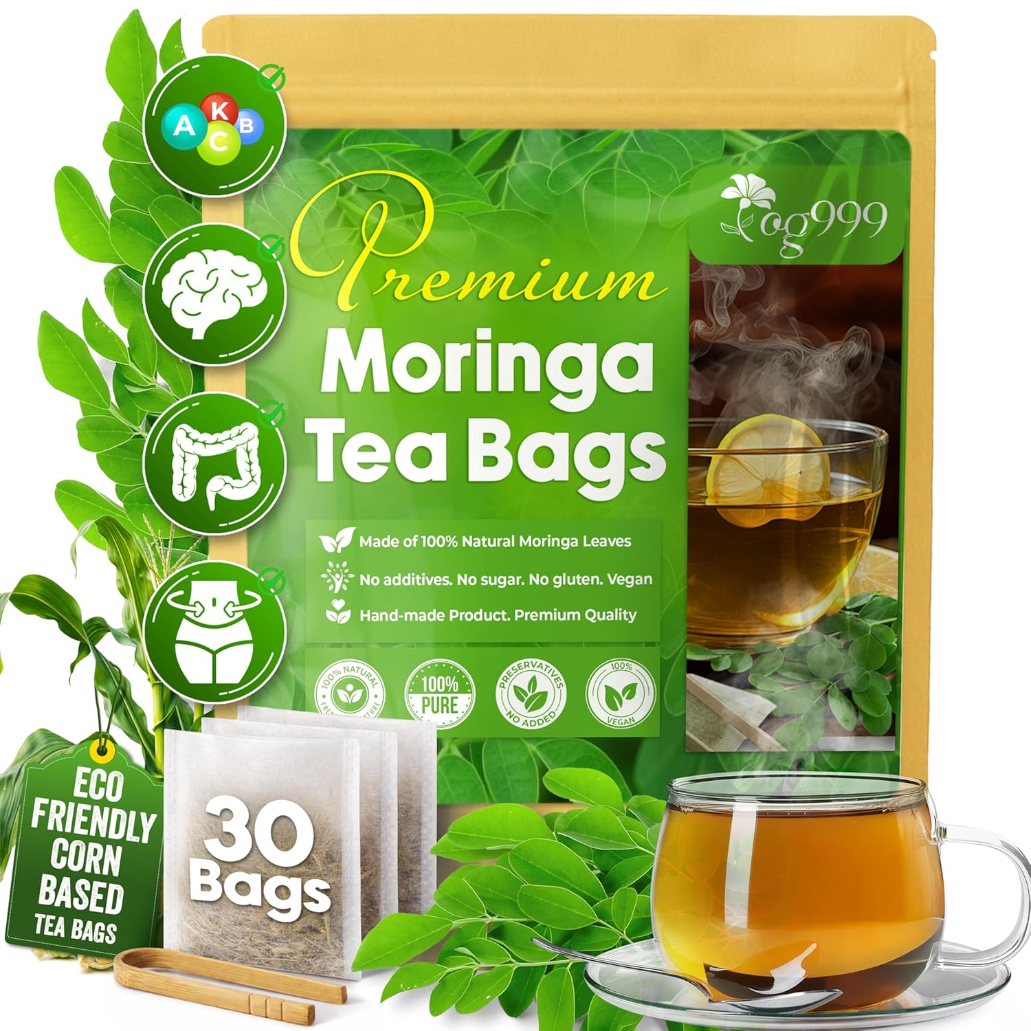 Moringa Leaf Tea Bags, 100% Natural & Pure from Moringa Leaves. Loose Leaf Moringa Herbal Tea. Moringa Leaf Tea. No Sugar, No Caffeine, No Gluten, Vegan by FreshDrinkUS - Natural and Premium Herbal Tea