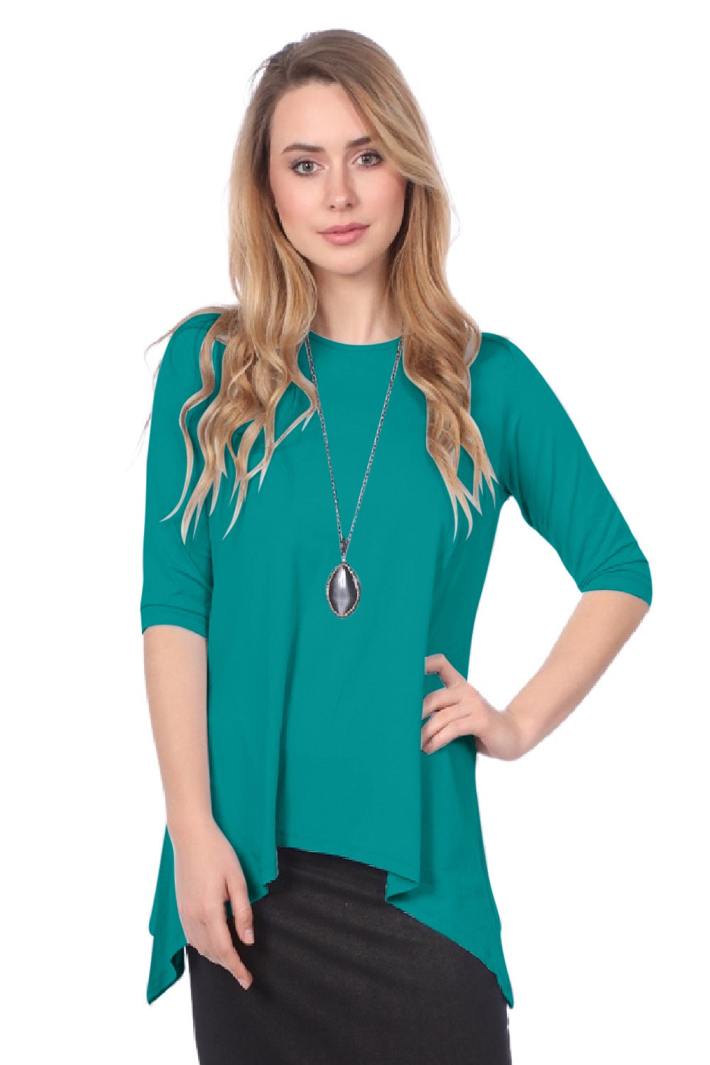 Modest Handkerchief Tunic Top - 3/4 Sleeve Comfort Flow Design by Kosher Casual USA