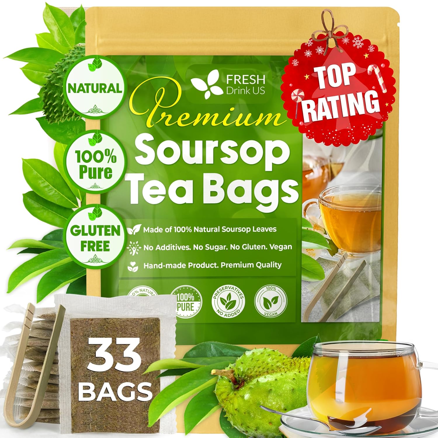 40 Premium Soursop Graviola Leaf Tea Bags, 100% Natural and Pure from Soursop Leaves, Handmade, Made With Natural Materials-Corn Fiber Tea Bag, Sugar/Caffeine/Gluten Free, Hoja Guanabana Tea by FreshDrinkUS - Natural and Premium Herbal Tea