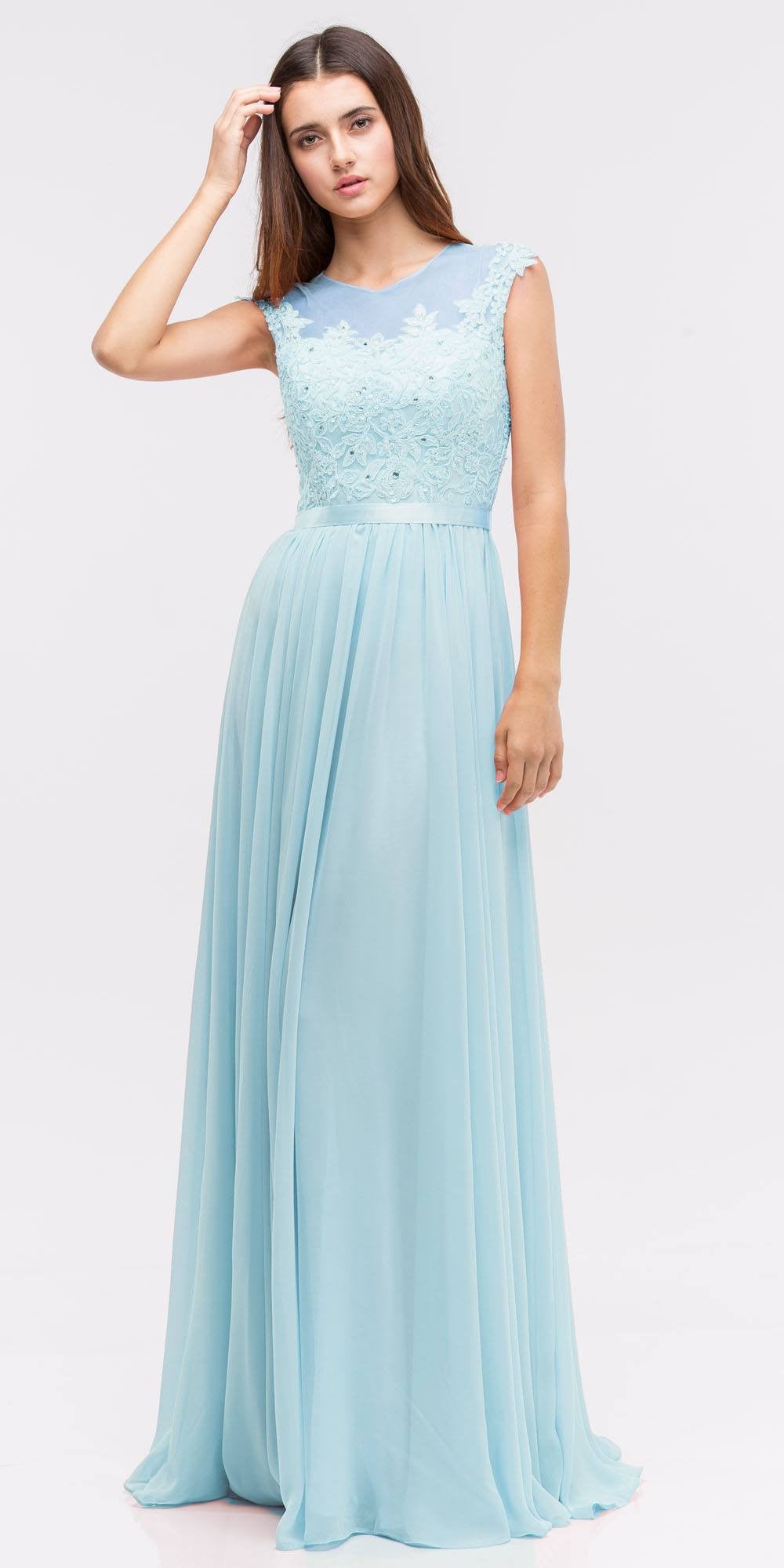 CLEARANCE - Eureka 3611 Lace Illusion Bodice Bateau Neck A-line Long Dress (Size L) by DiscountDressShop