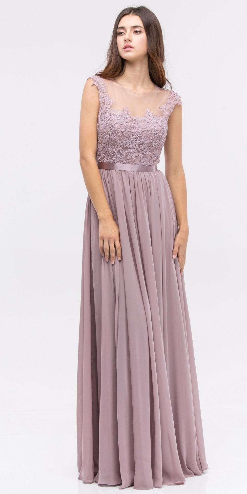 CLEARANCE - Eureka 3611 Lace Illusion Bodice Bateau Neck A-line Long Dress (Size L) by DiscountDressShop