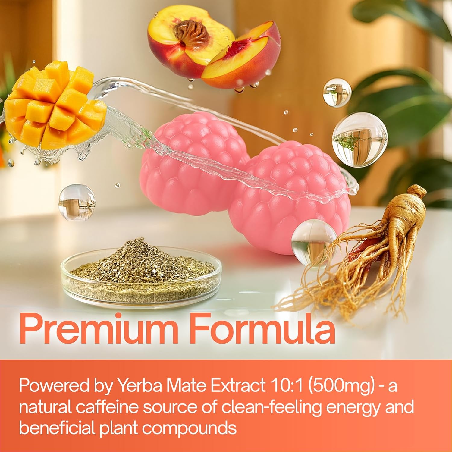Yerba Mate Gummies – Super Focus & Energy Support – Formulated with Yerba Mate Extract, L-Theanine, Rhodiola, Ginseng, Choline, B12 – Peach Mango Flavor by FreshDrinkUS - Natural and Premium Herbal Tea