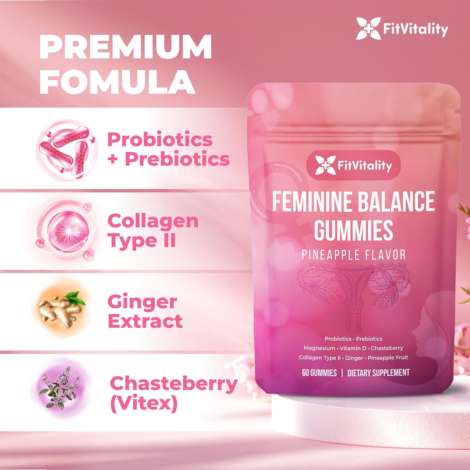Premium Feminine Balance Gummies – Vaginal Probiotics & Support Digestive Health – Probiotics, Collagen Type II, Chasteberry, Vitamin D & Magnesium by FreshDrinkUS - Natural and Premium Herbal Tea