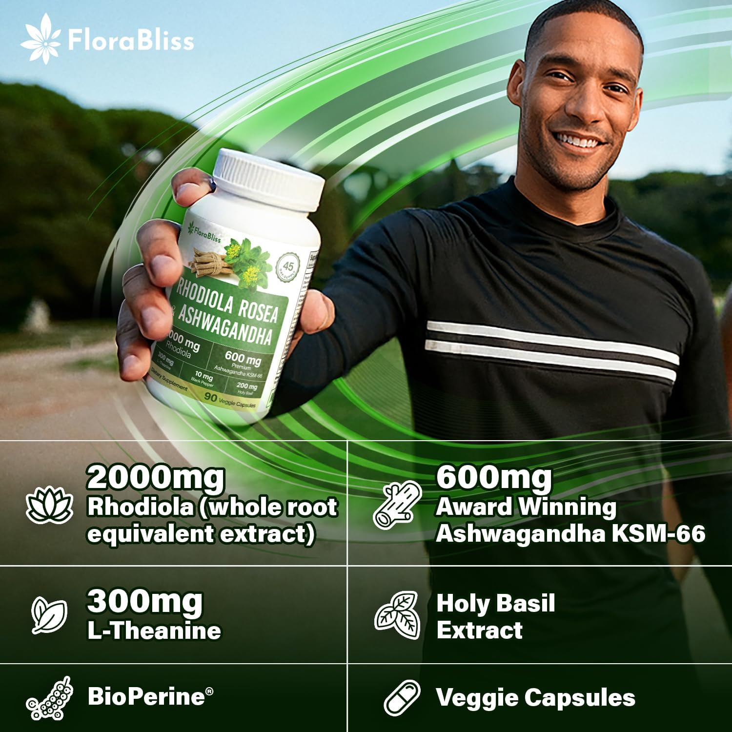 Rhodiola Rosea 2000mg with Ashwagandha KSM-66, L-Theanine, Holy Basil & BioPerine - High Potency Vegan Capsules by FreshDrinkUS - Natural and Premium Herbal Tea