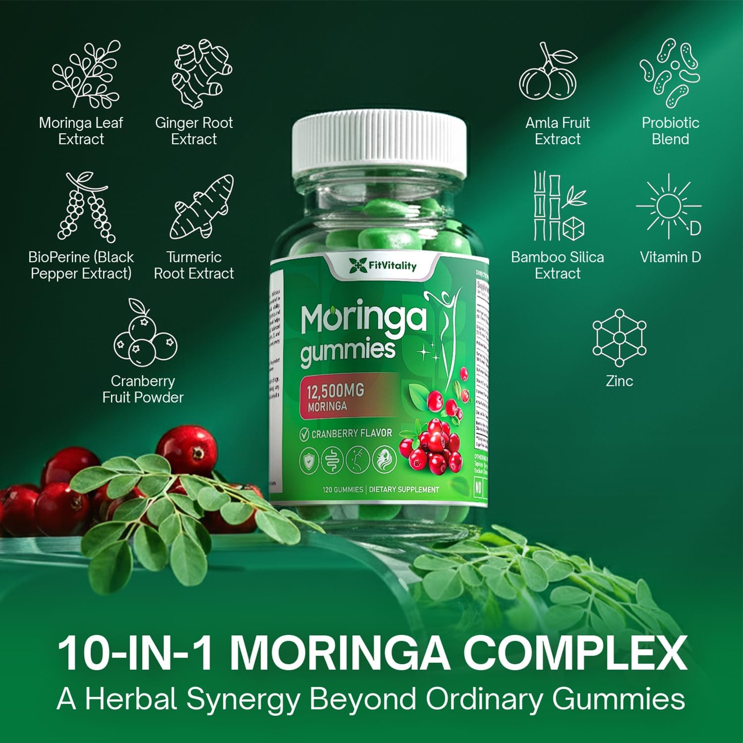 Moringa Gummies with Ginger, Turmeric & Probiotics | Vegan, Sugar-Free Chewables| Plant-Based Pectin Formula with Vitamin C by FreshDrinkUS - Natural and Premium Herbal Tea