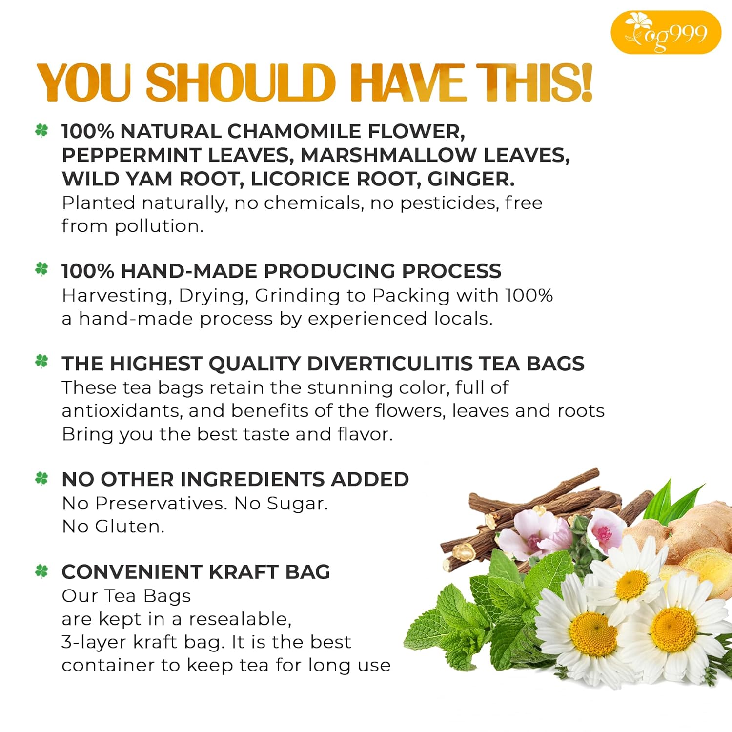 Premium Diverticulitis Tea Bags | 100% Natural Chamomile, Peppermint, Marshmallow Leaf, Wild Yam Root, Licorice & Ginger Herbal Blend by FreshDrinkUS - Natural and Premium Herbal Tea