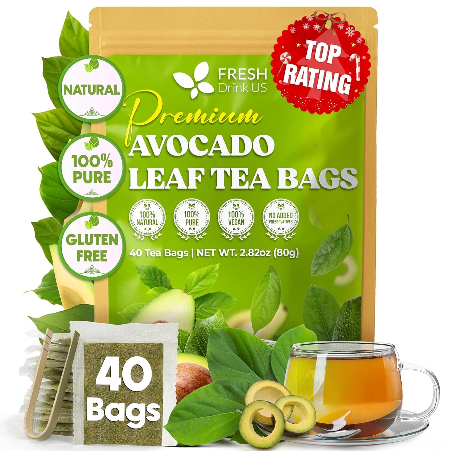 Natural Avocado Whole Leaves Dried, Tea Bags, 100% Pure from Avocado Leaves, Avocado Leaf Tea, Hojas de Aguacate Seca, No Additives, No Caffeine, Vegan by FreshDrinkUS - Natural and Premium Herbal Tea