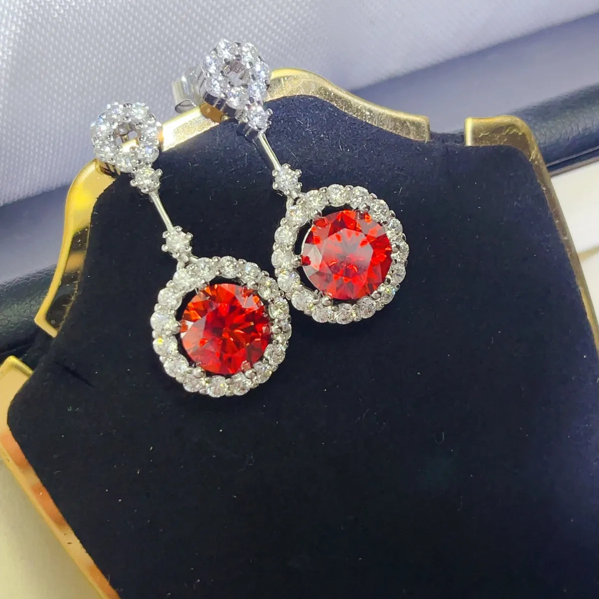 4 Carat Ruby Red Crystal Drop Earrings with Rhinestone Halo by Sparkala