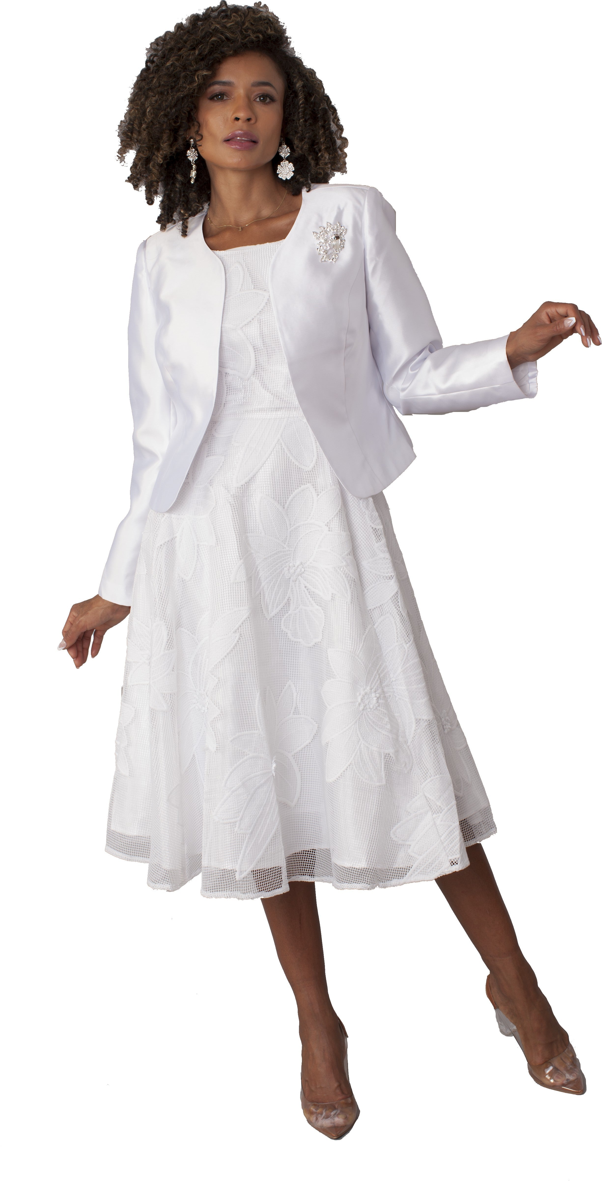 Plus Size Elegant 2-Piece Church Dress with Floral Lace and Jewel Brooch- 4806W by Tally Taylor