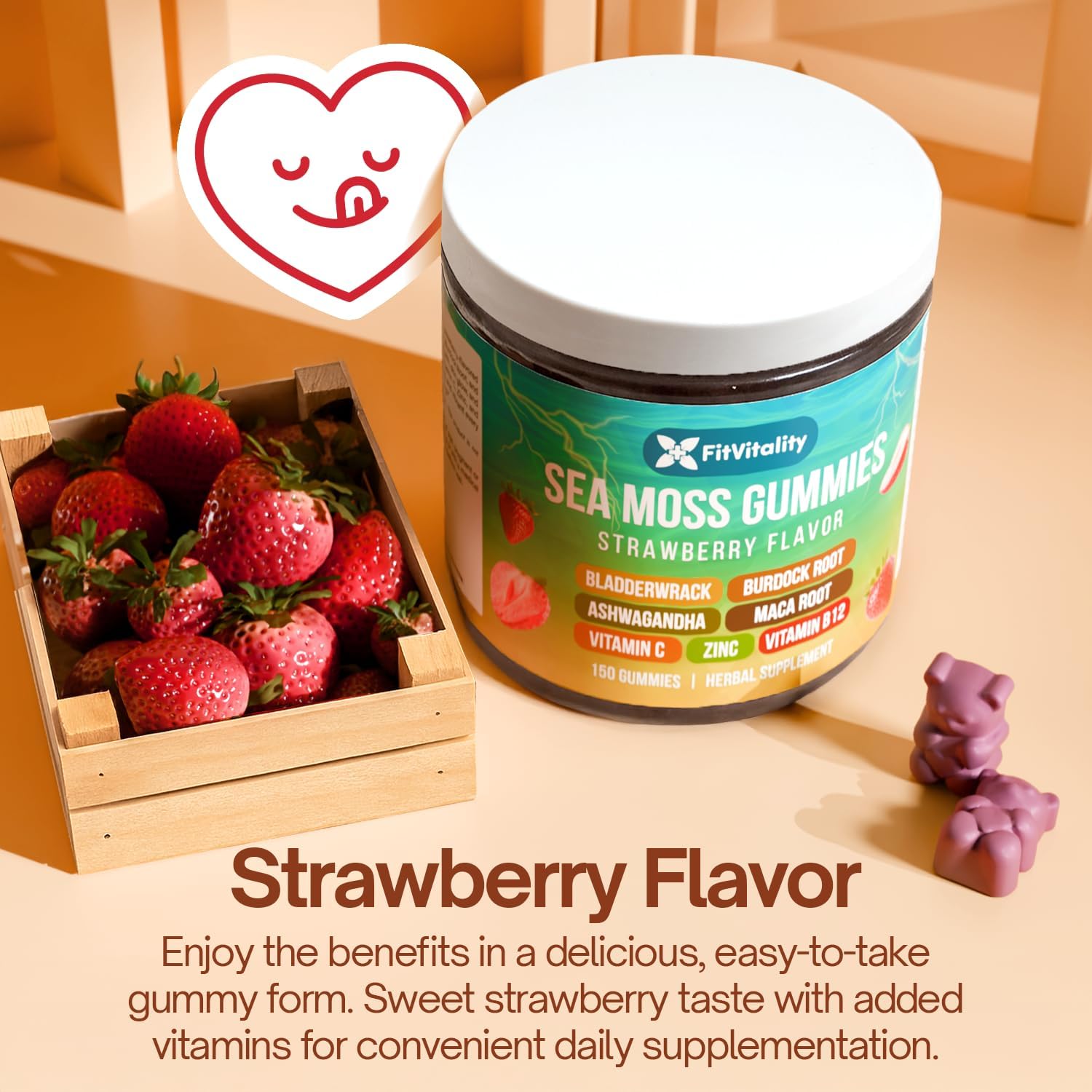 Sea Moss Gummies | Strawberry Flavor Vegan Gummies | Extra Rich 9-in-1 Formulation with Irish Sea Moss, Elderberry, Bladderwrack, Burdock, Ashwagandha, Maca, Zinc, B12 | Energy & Immune Support by FreshDrinkUS - Natural and Premium Herbal Tea