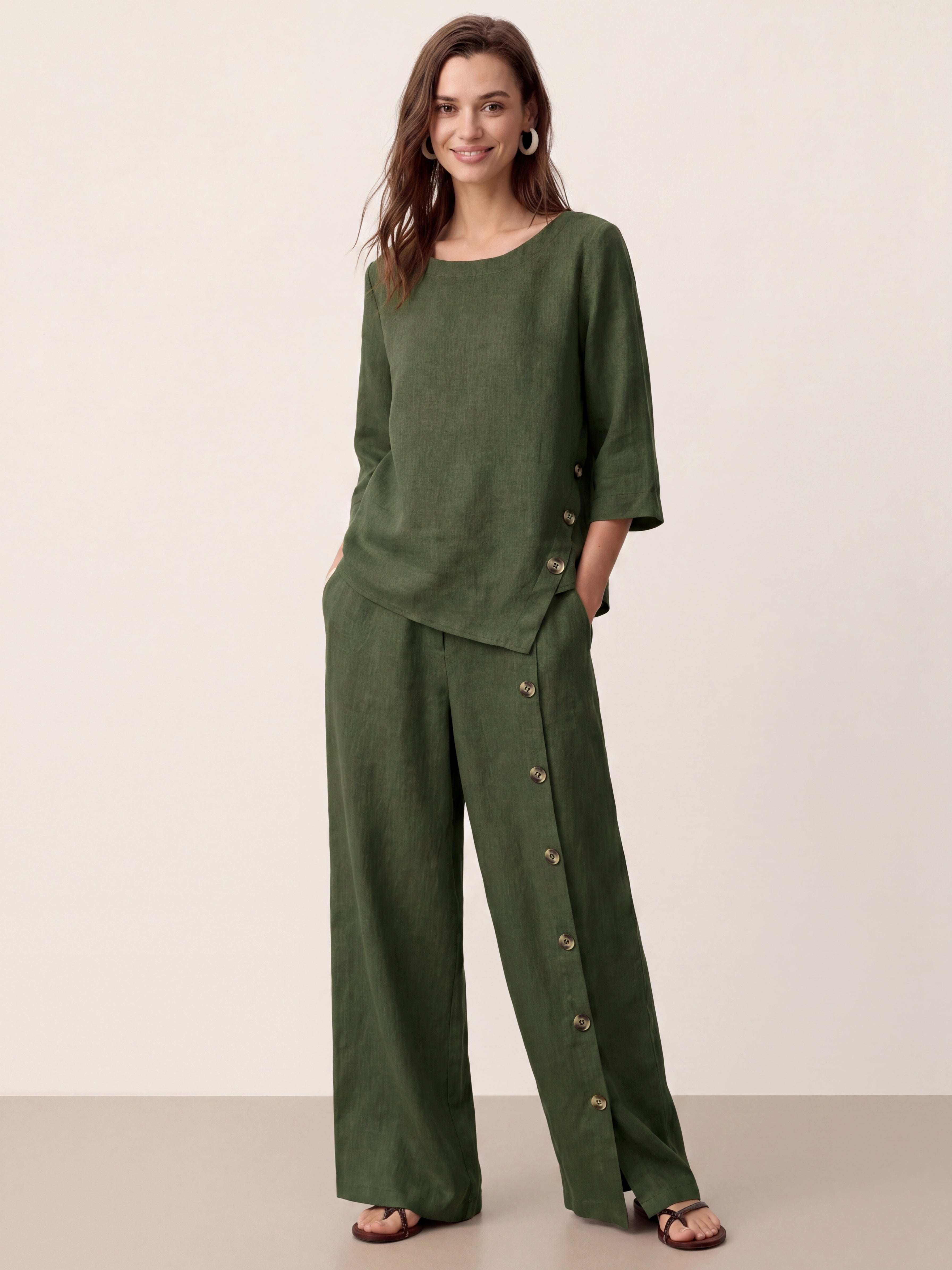 100% Linen Buttoned Slit-Hem Pants KATYA by LINTICO