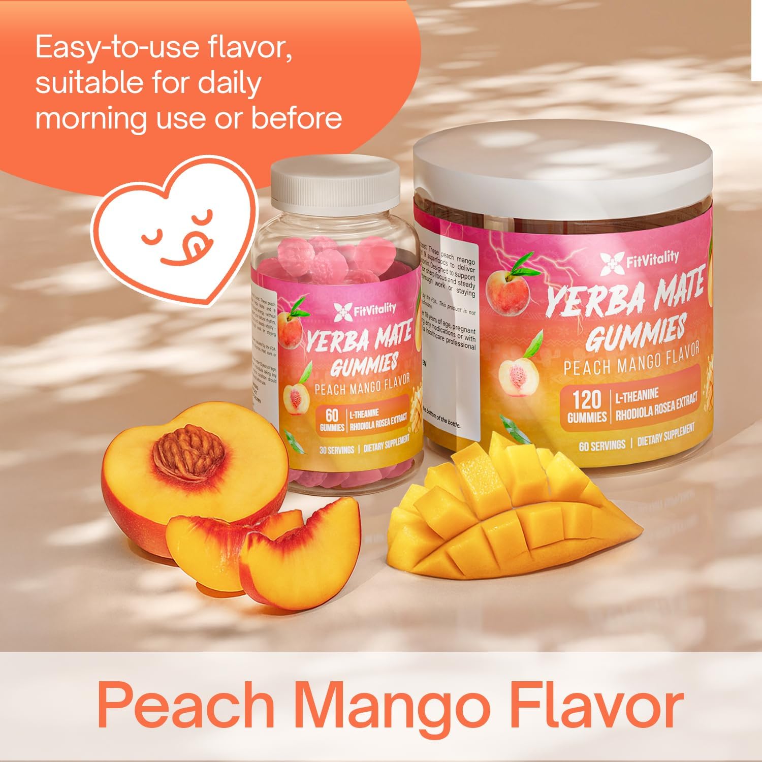 Yerba Mate Gummies – Super Focus & Energy Support – Formulated with Yerba Mate Extract, L-Theanine, Rhodiola, Ginseng, Choline, B12 – Peach Mango Flavor by FreshDrinkUS - Natural and Premium Herbal Tea