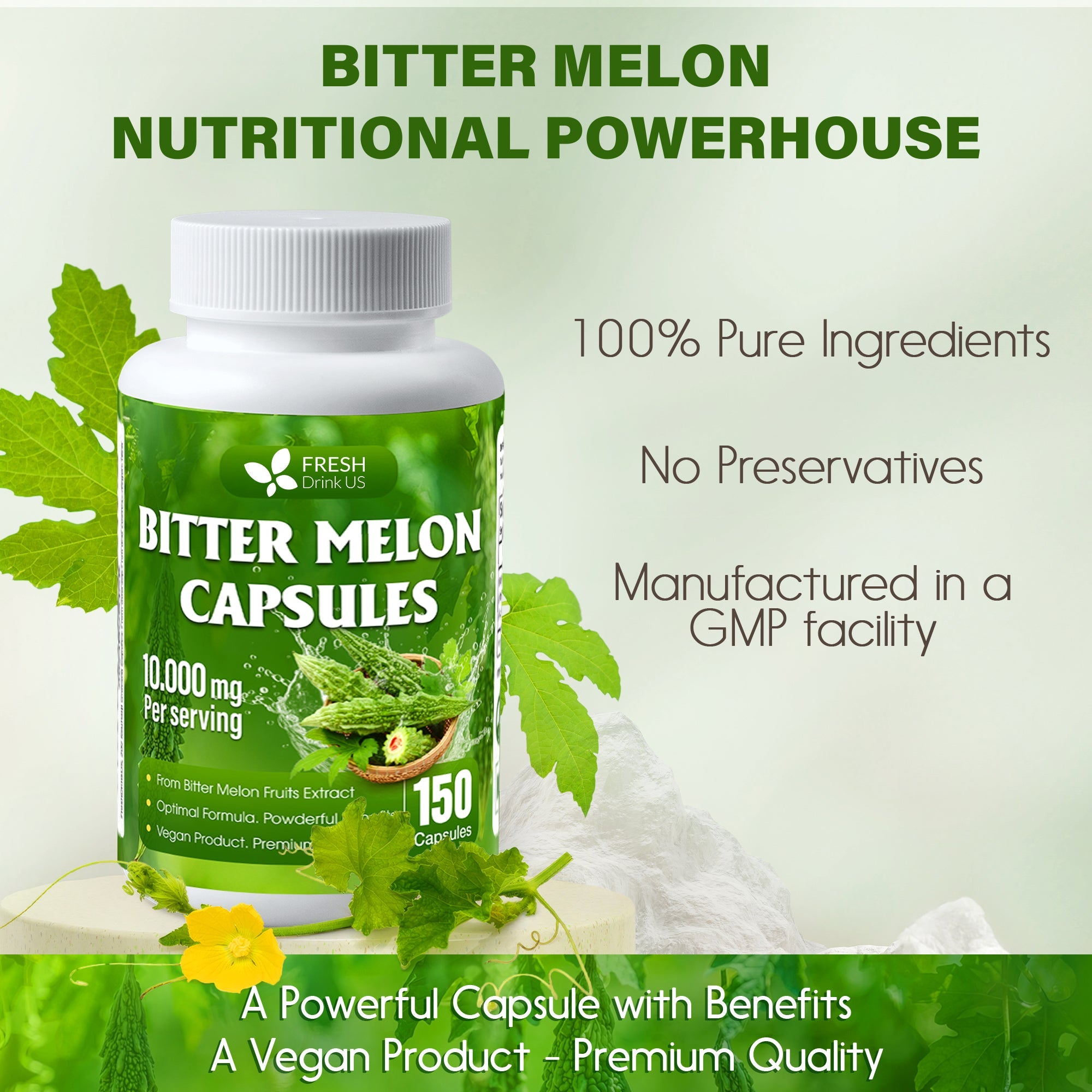 Bitter Melon Capsules, 1000mg, 150 Capsules - Gluten Free, Non-GMO by FreshDrinkUS - Natural and Premium Herbal Tea