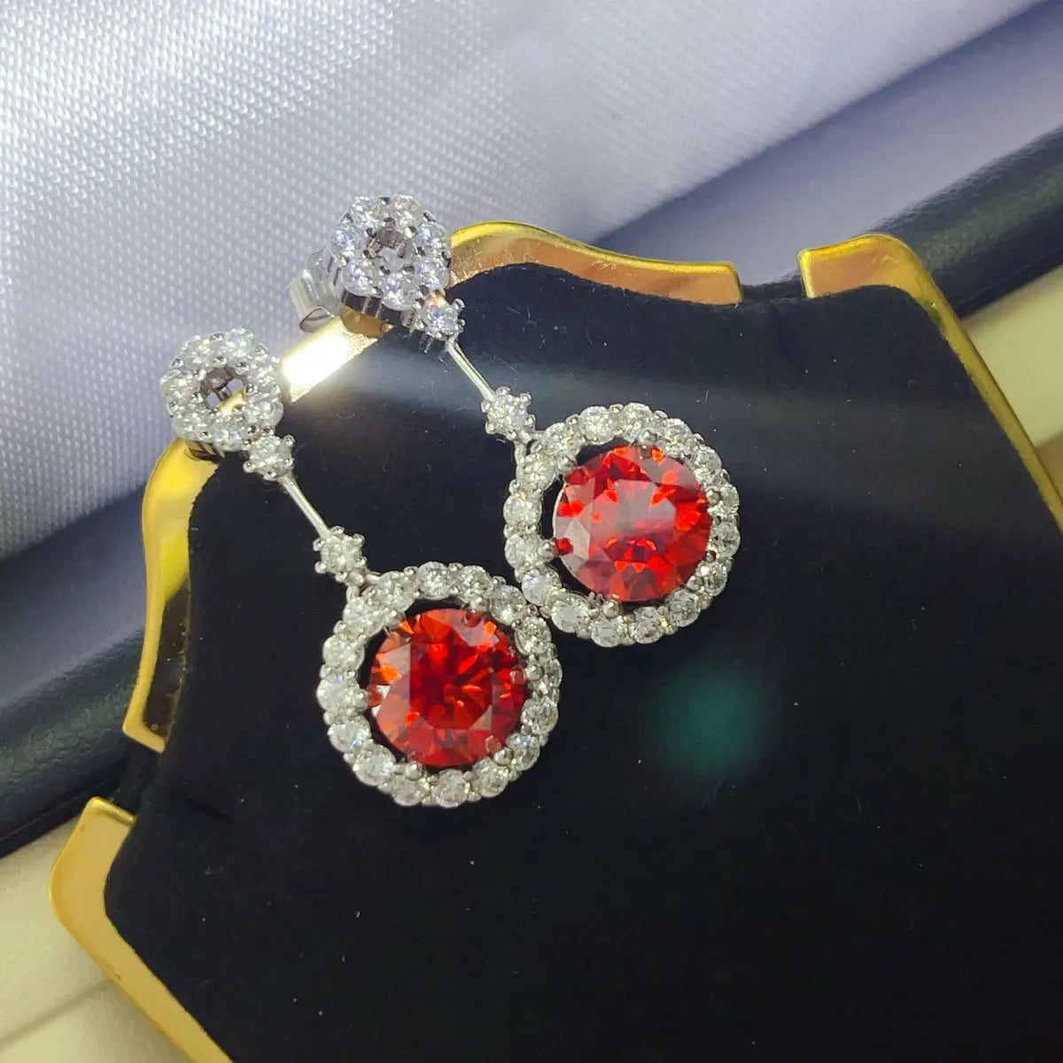 4 Carat Ruby Red Crystal Drop Earrings with Rhinestone Halo by Sparkala