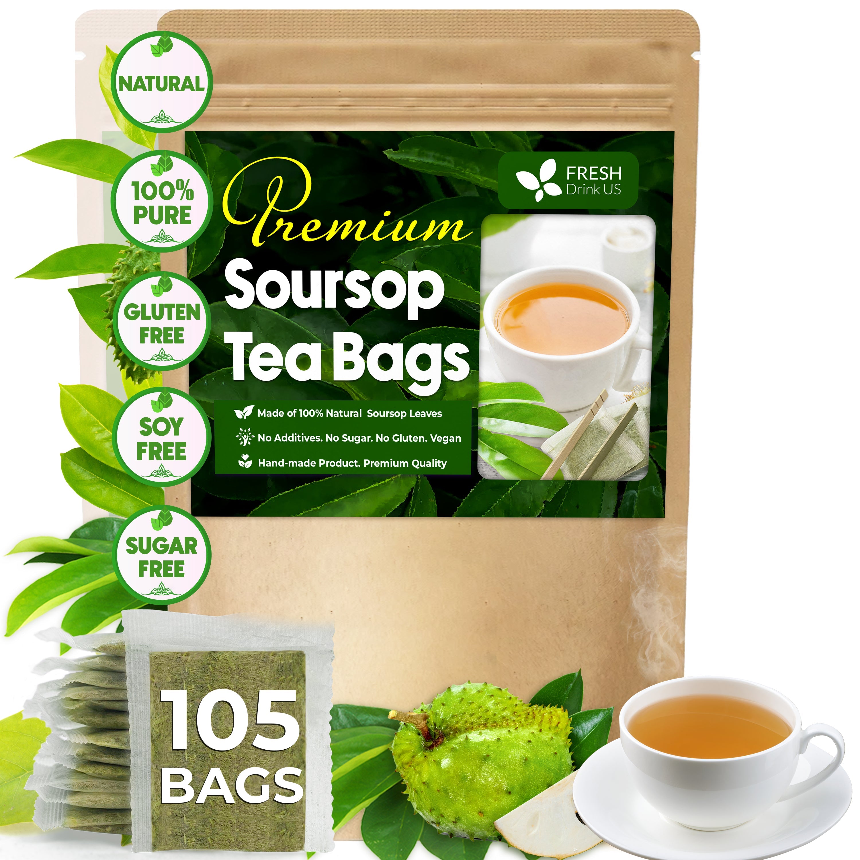 Premium Soursop Leaves Tea bags, Dried Soursop Leaves, Soursop Leaf Powder, Guanabana Leaves Tea, Hoja Guanabana Tea by FreshDrinkUS - Natural and Premium Herbal Tea