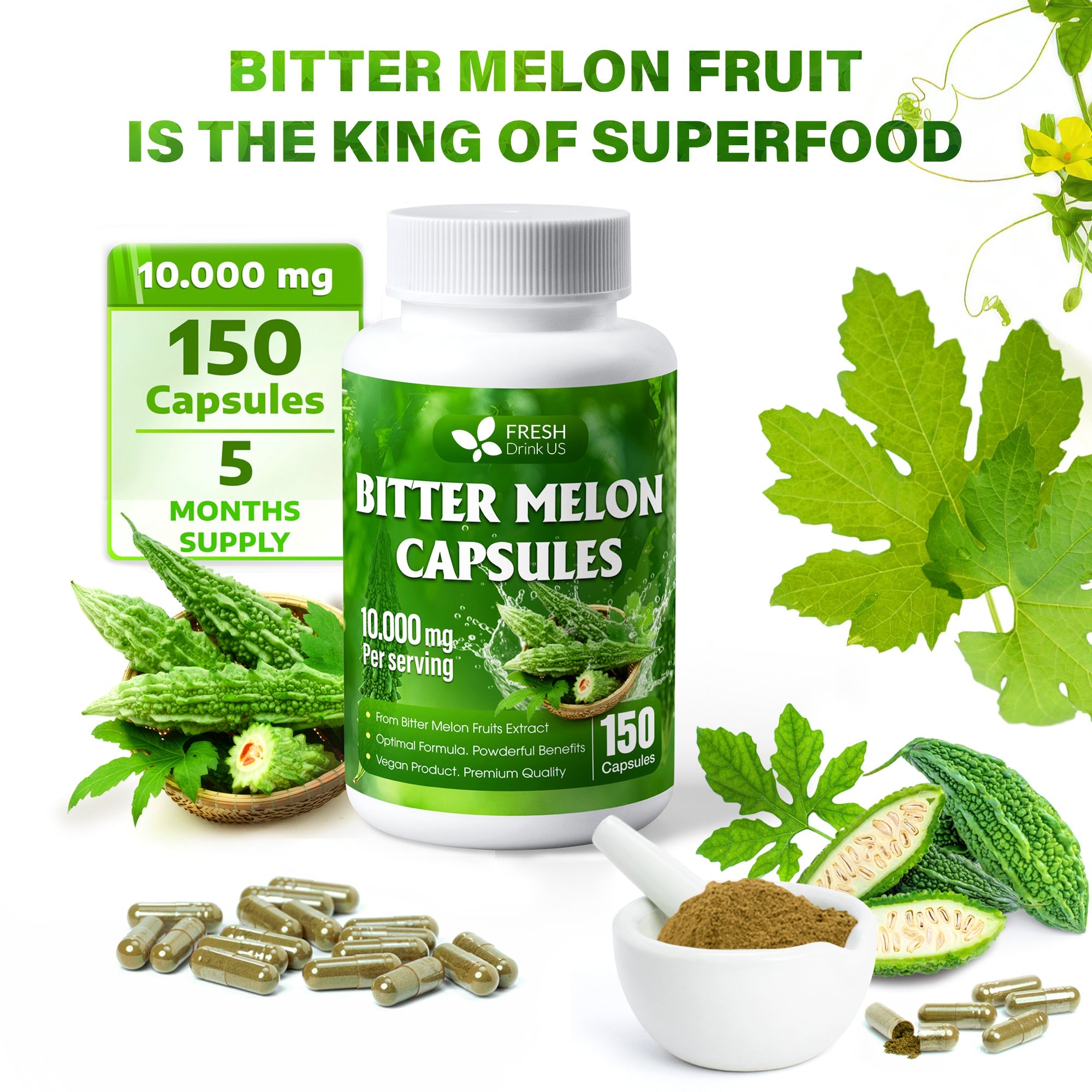 Bitter Melon Capsules, 1000mg, 150 Capsules - Gluten Free, Non-GMO by FreshDrinkUS - Natural and Premium Herbal Tea
