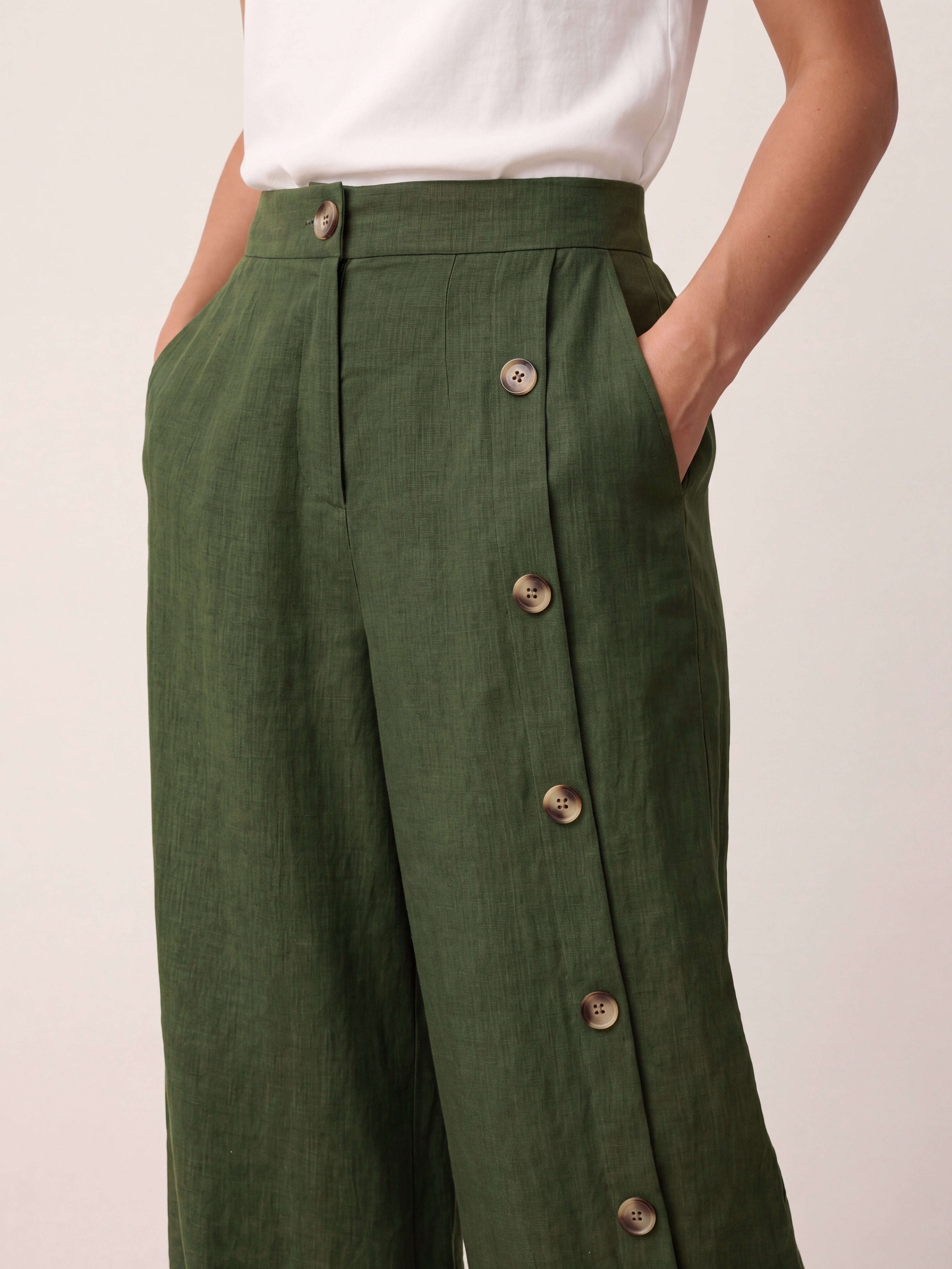100% Linen Buttoned Slit-Hem Pants KATYA by LINTICO