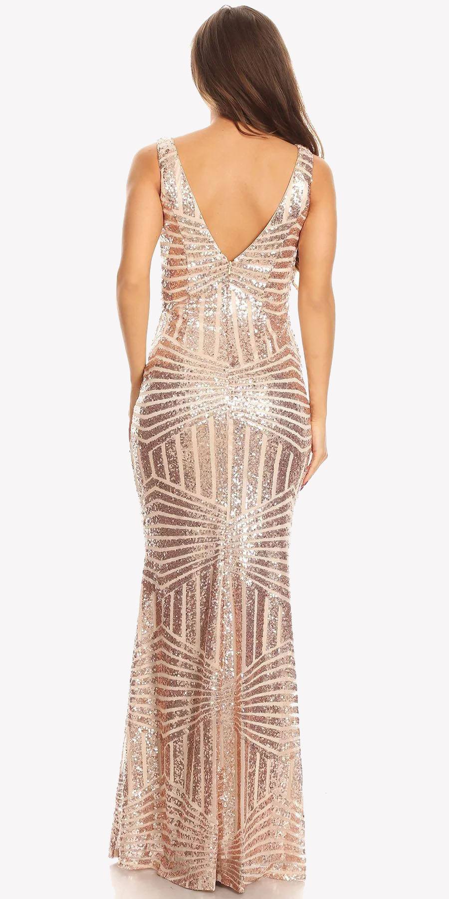 CLEARANCE - Eureka 7010 Floor Length Sequin Dress V-Neck with Sheer Inset (Size XS) by DiscountDressShop