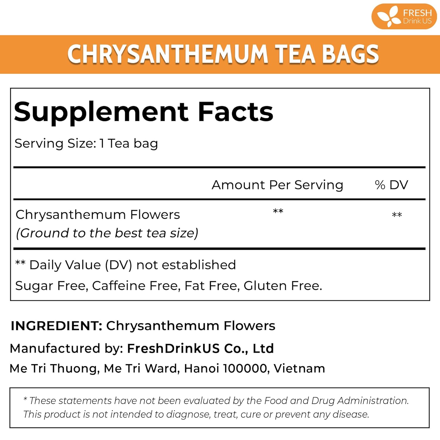 Premium 75 Chrysanthemum Flower Tea Bags by FreshDrinkUS - Natural and Premium Herbal Tea