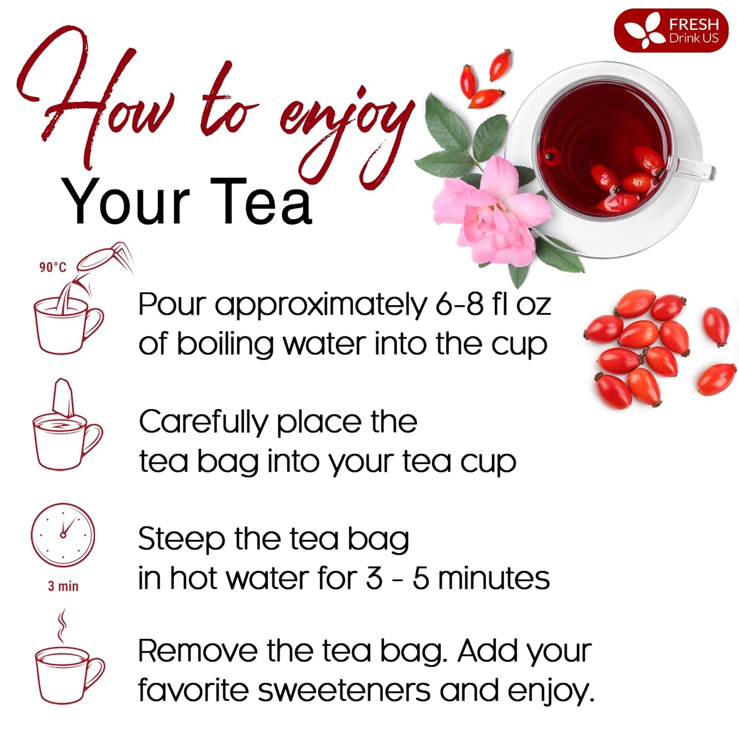 Premium Rosehip Tea Bags, 100% Natural & Pure from Rose Hip Fruits. by FreshDrinkUS - Natural and Premium Herbal Tea