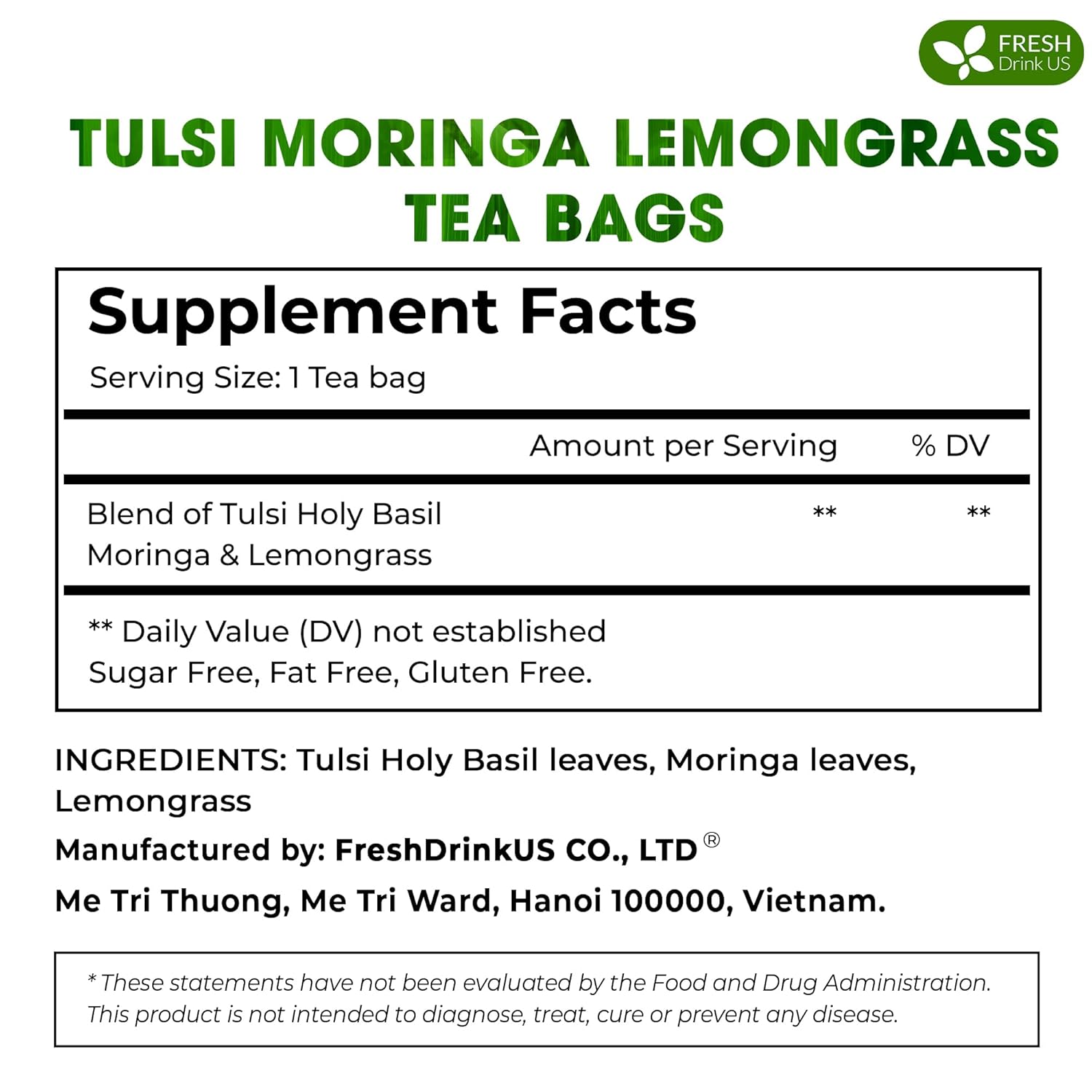 Premium Tulsi Moringa Lemongrass Tea Bags, 100% Natural & Pure from Tulsi Holy Basil Leaves, Moringa & Lemongrass. by FreshDrinkUS - Natural and Premium Herbal Tea