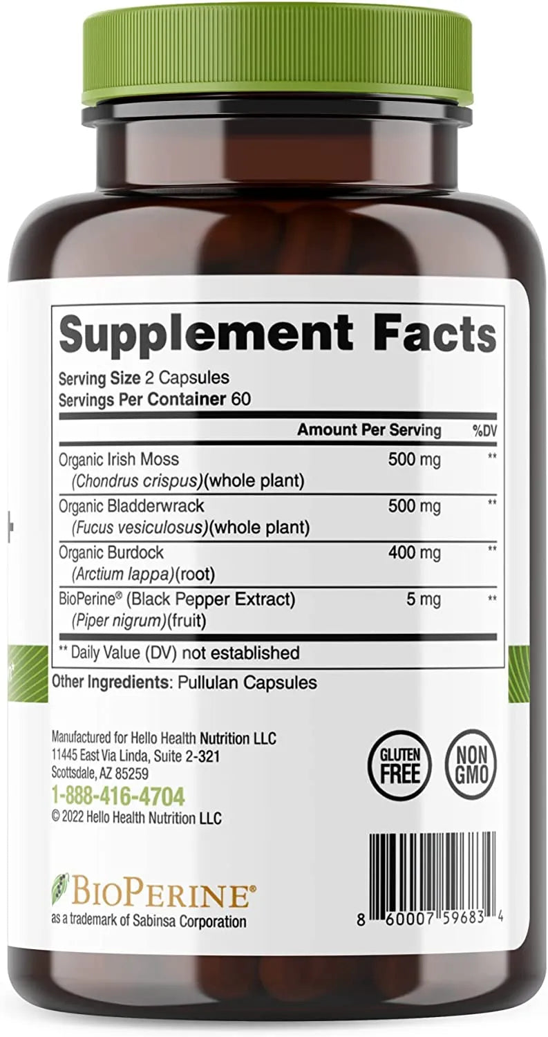 Organic Irish Sea Moss, Organic Bladderwrack, Organic Burdock & Bioperine capsules by hellohealth