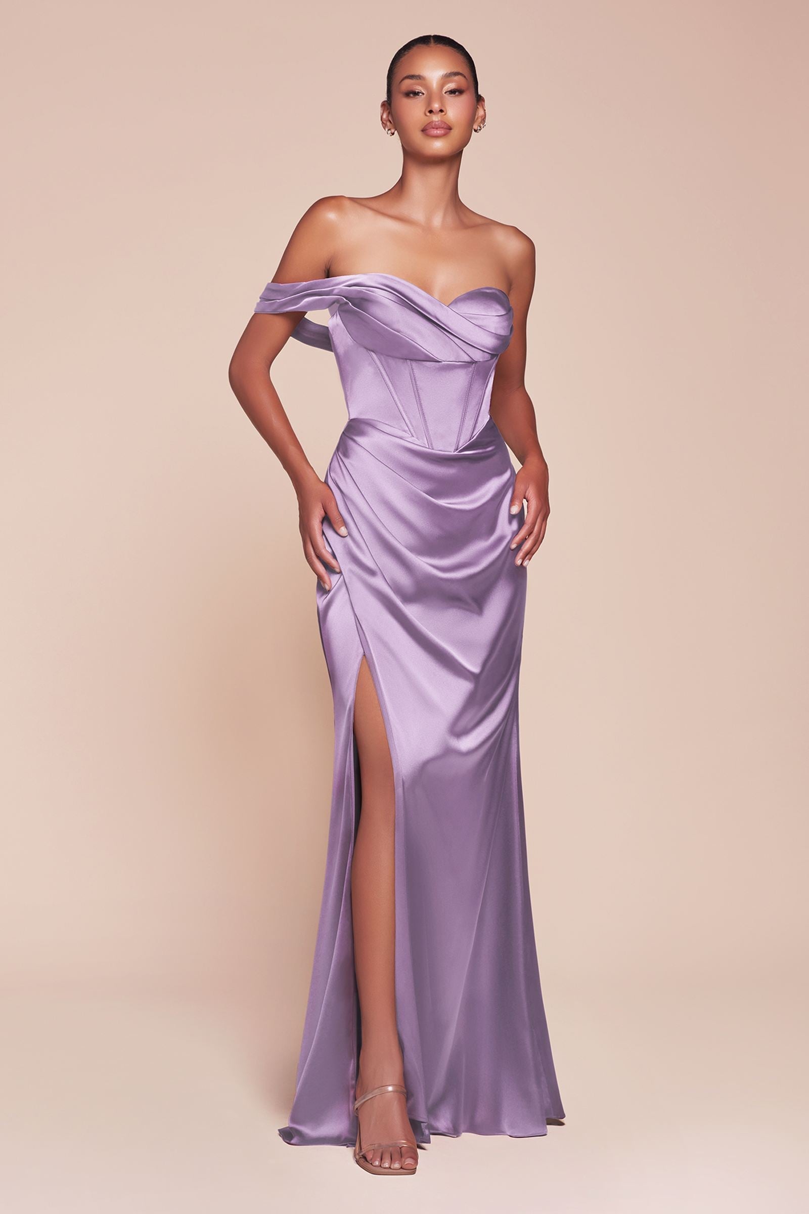 Ladivine 7448 Dress Long One Shoulder Satin Corset Gown by DiscountDressShop