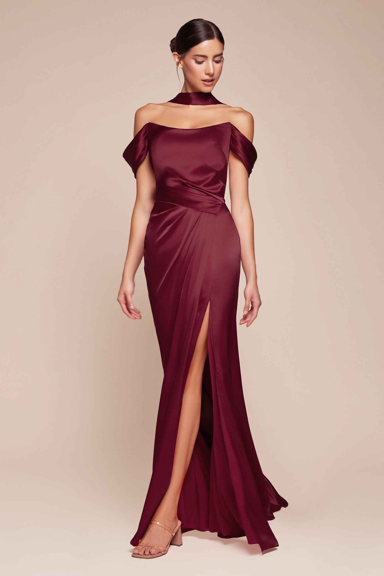 CLEARANCE - Ladivine 7452 Dress Off the Shoulder Sage Green Satin Gown (Size 10) by DiscountDressShop