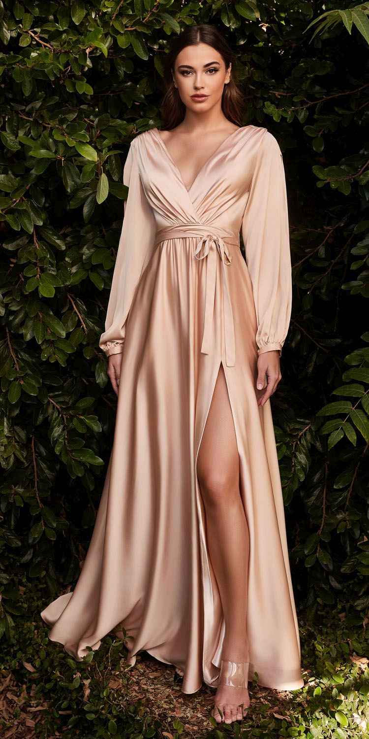 Ladivine 7475 Long Split Blouson Sleeve Formal Dress Thigh Split by DiscountDressShop