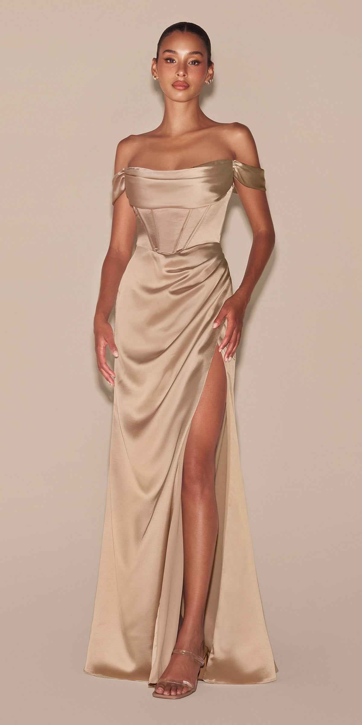 Ladivine 7492 Satin Off the Shoulder Corset Satin Formal Gown by DiscountDressShop