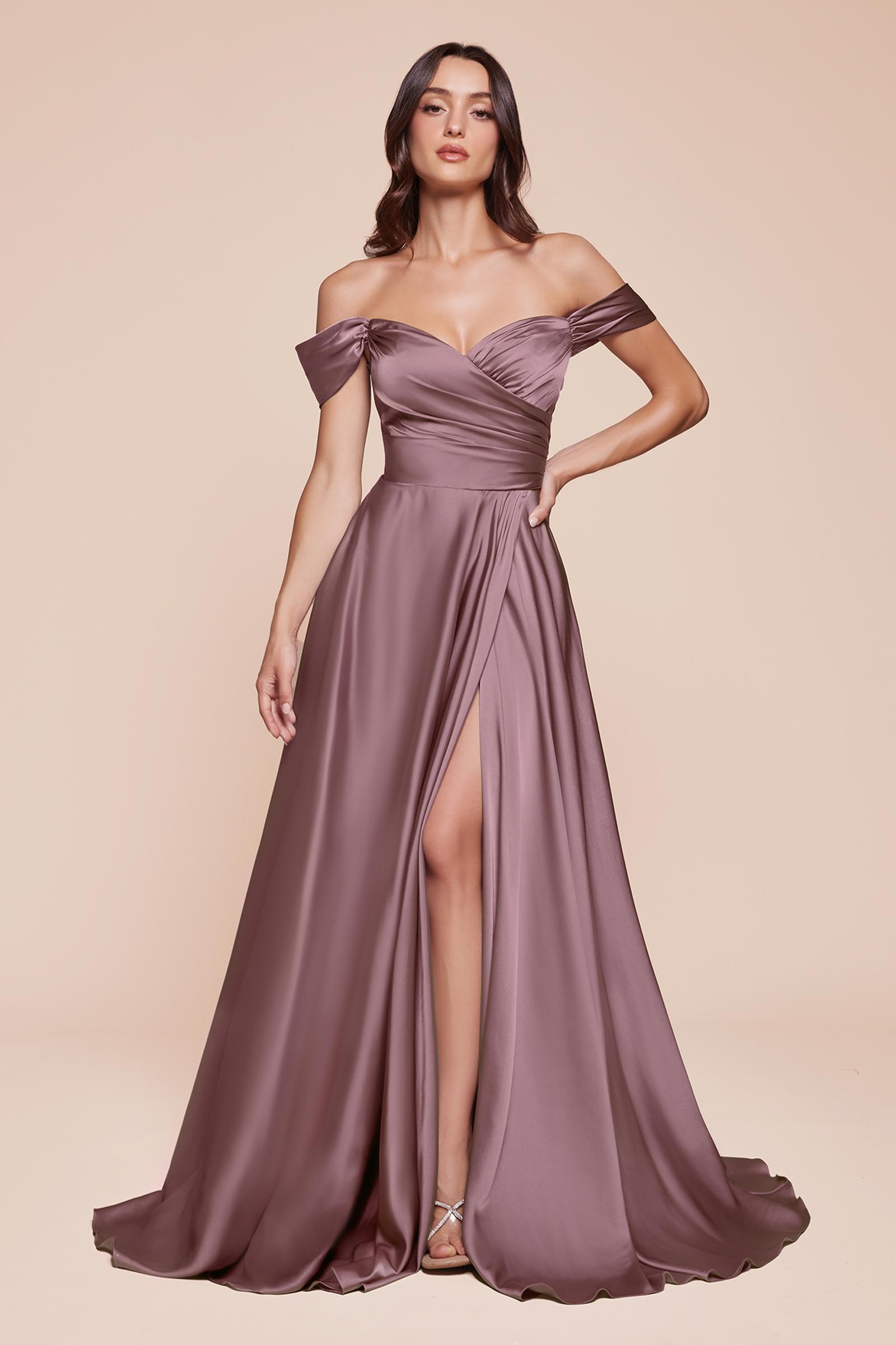 Cinderella Divine 7493C Long Plus Size A-Line Off the Shoulder Satin Dress by DiscountDressShop
