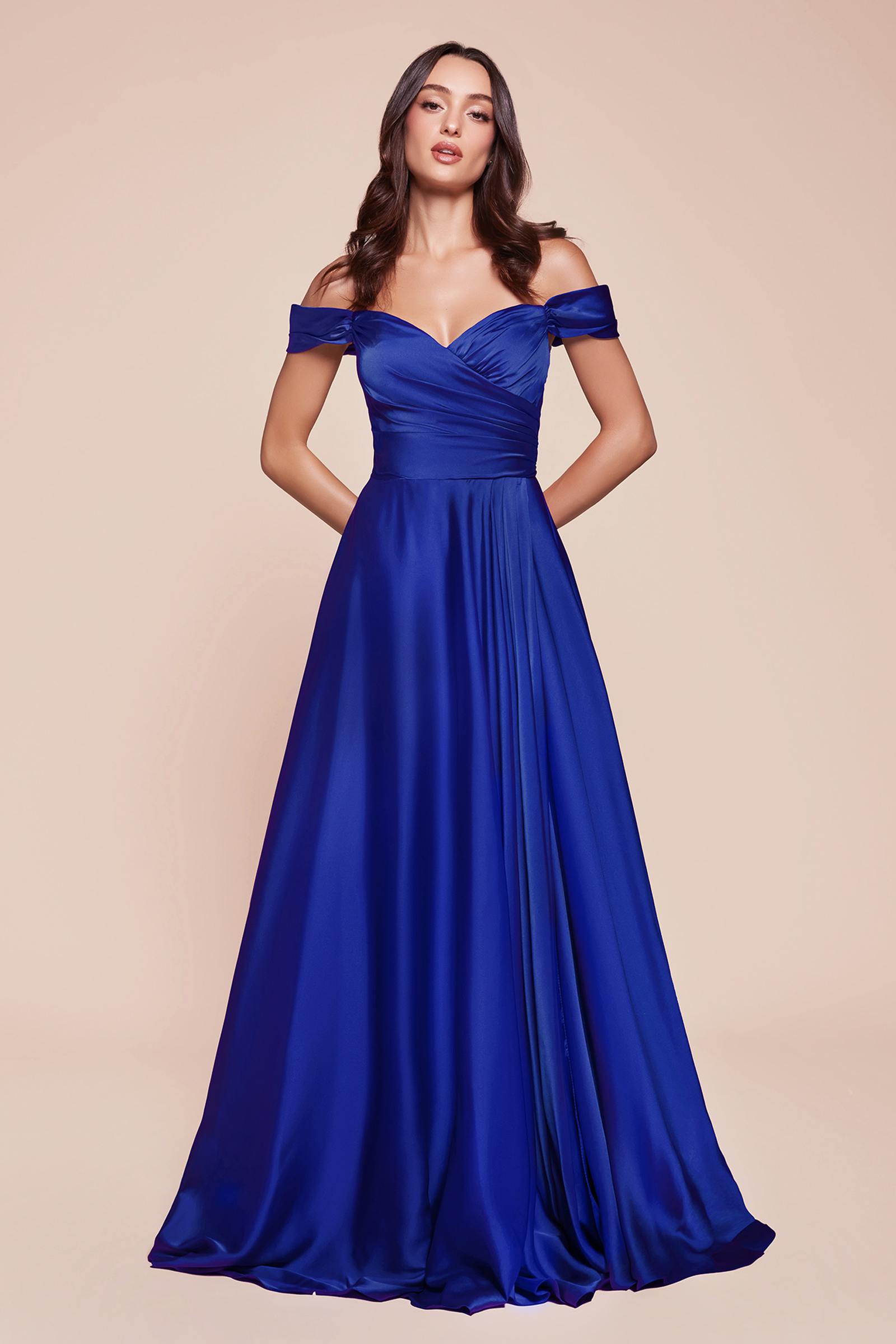 Ladivine 7493 Long A-Line Satin Off the Shoulder Dress by DiscountDressShop