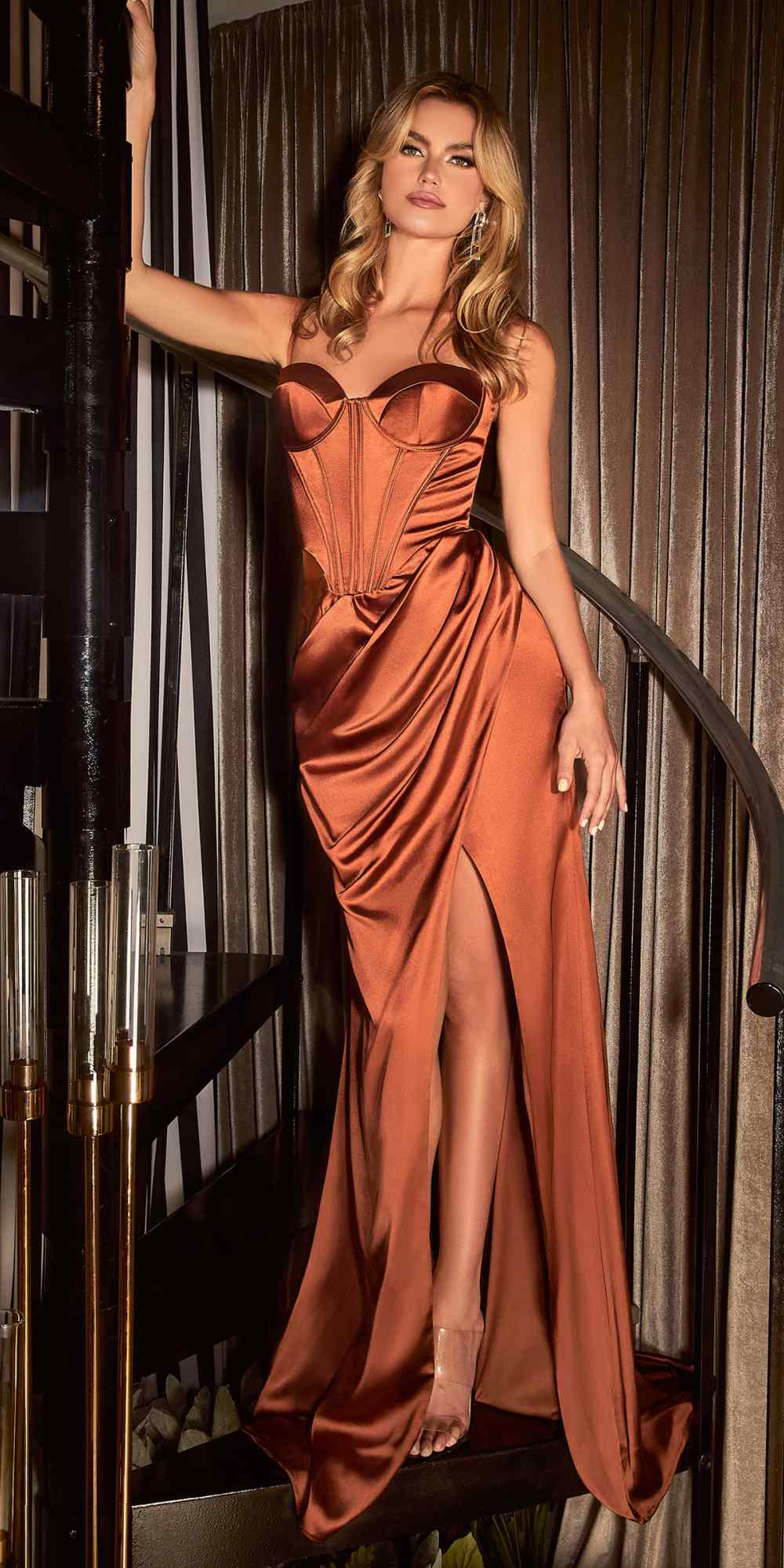 Ladivine 7498 Floor Length Fitted Satin Sweetheart Draped Gown by DiscountDressShop