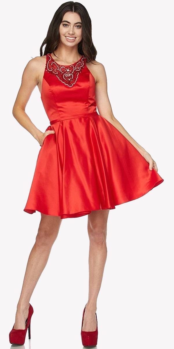 Juliet 794 Beaded Scoop Neck Short Satin Dress by DiscountDressShop