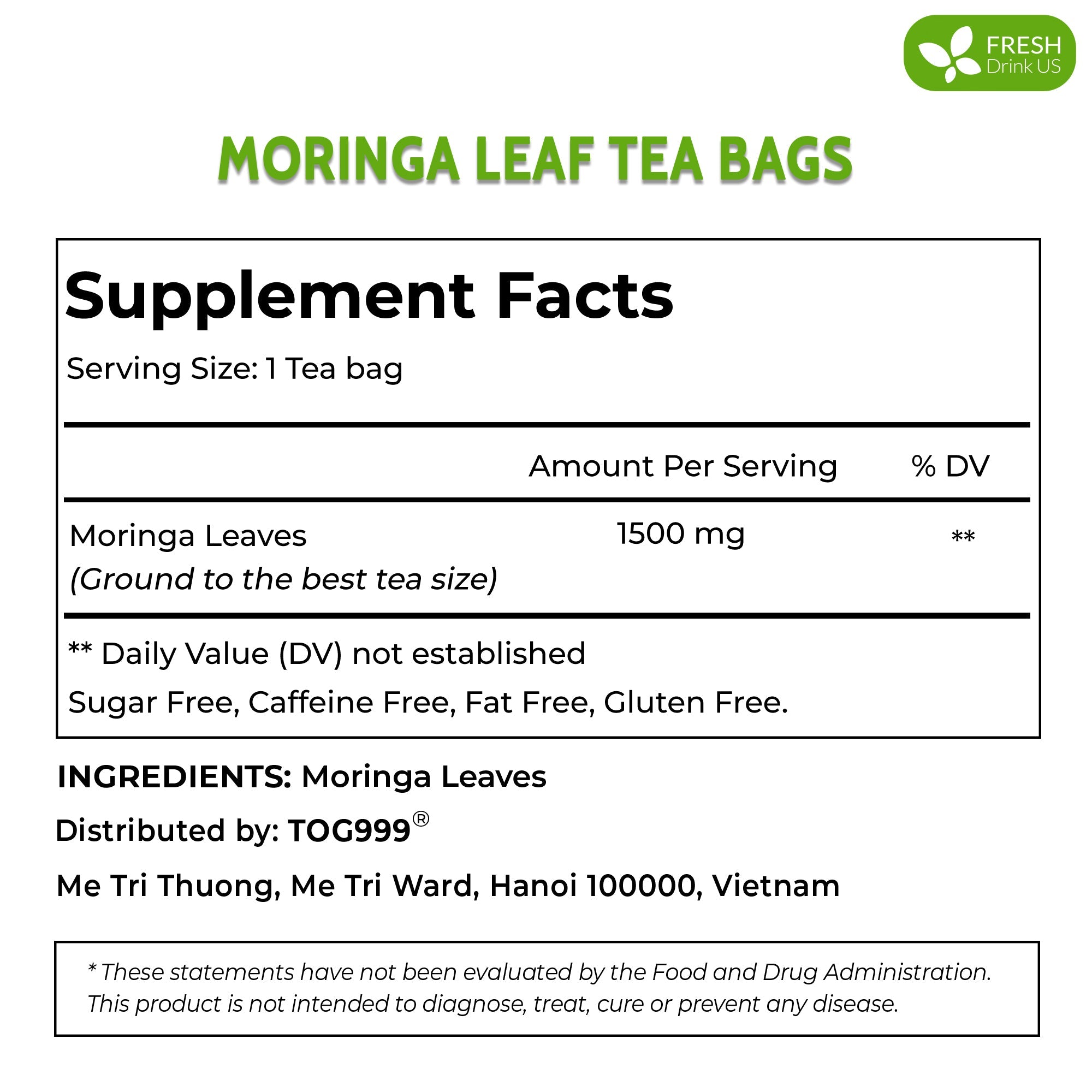 Moringa Leaf Tea Bags, 100% Natural & Pure from Moringa Leaves. Loose Leaf Moringa Herbal Tea. Moringa Leaf Tea. No Sugar, No Caffeine, No Gluten, Vegan by FreshDrinkUS - Natural and Premium Herbal Tea