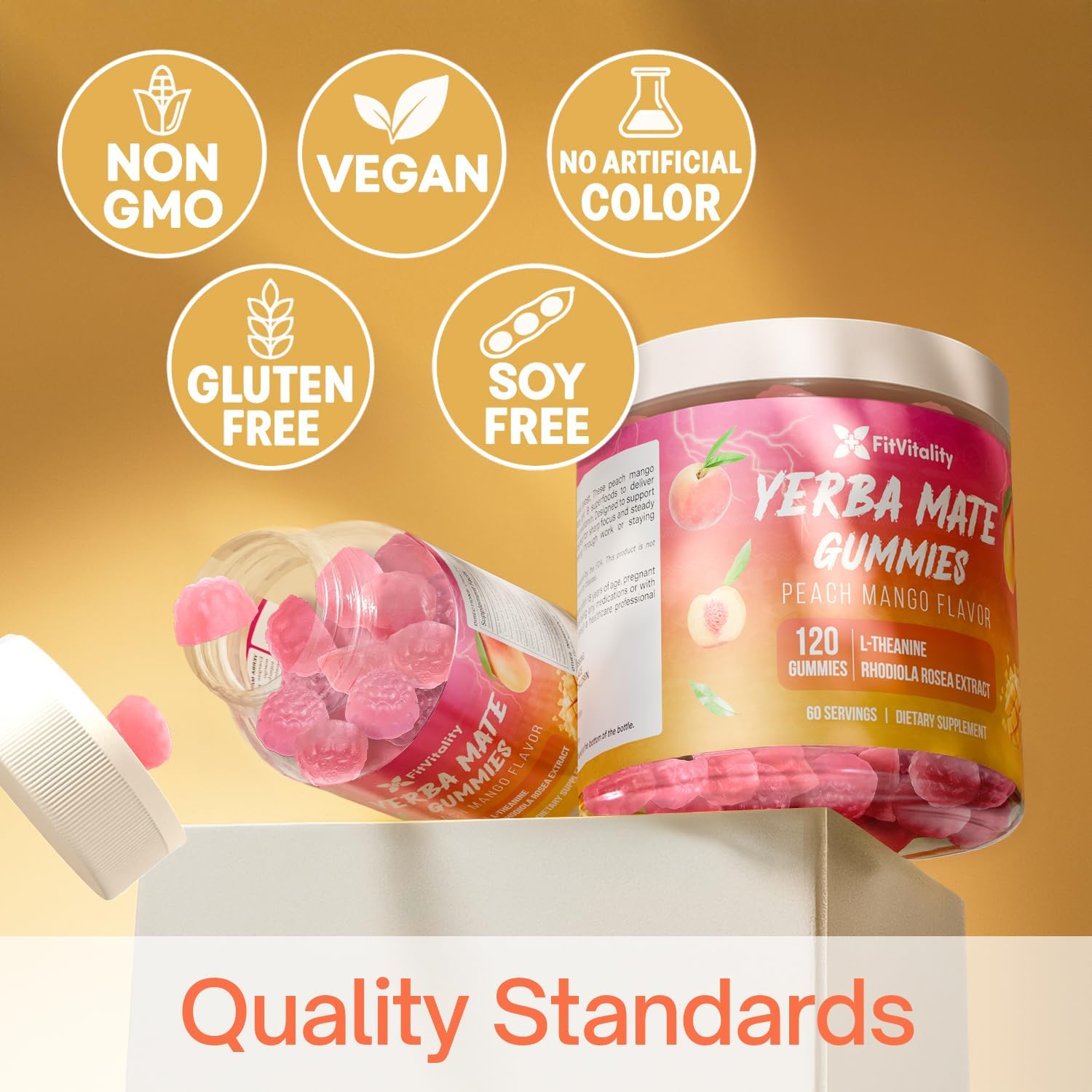 Yerba Mate Gummies – Super Focus & Energy Support – Formulated with Yerba Mate Extract, L-Theanine, Rhodiola, Ginseng, Choline, B12 – Peach Mango Flavor by FreshDrinkUS - Natural and Premium Herbal Tea